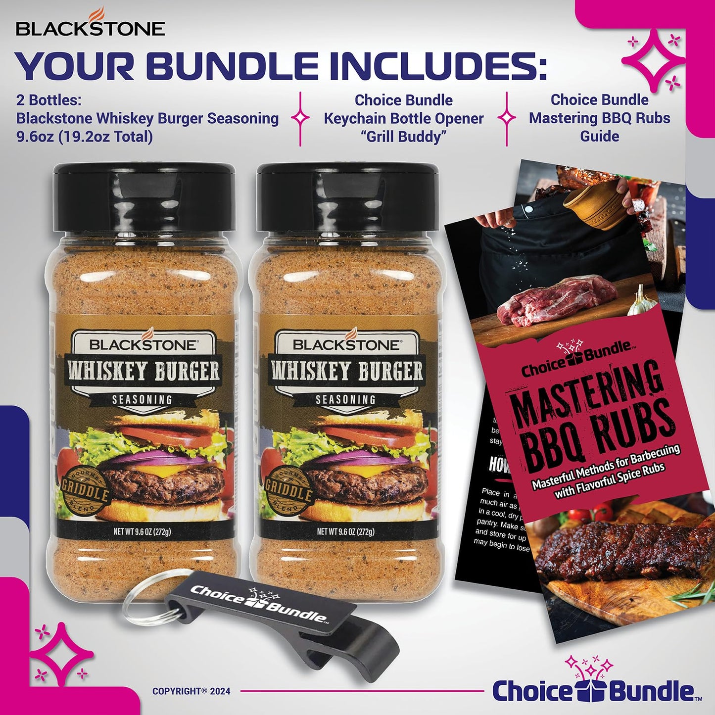 Blackstone Whiskey Burger Seasoning - Gourmet Griddle Premium Barbecue Rub 2 Pk (19.2 oz) + BBQ Masters & Opener (4 Items)!