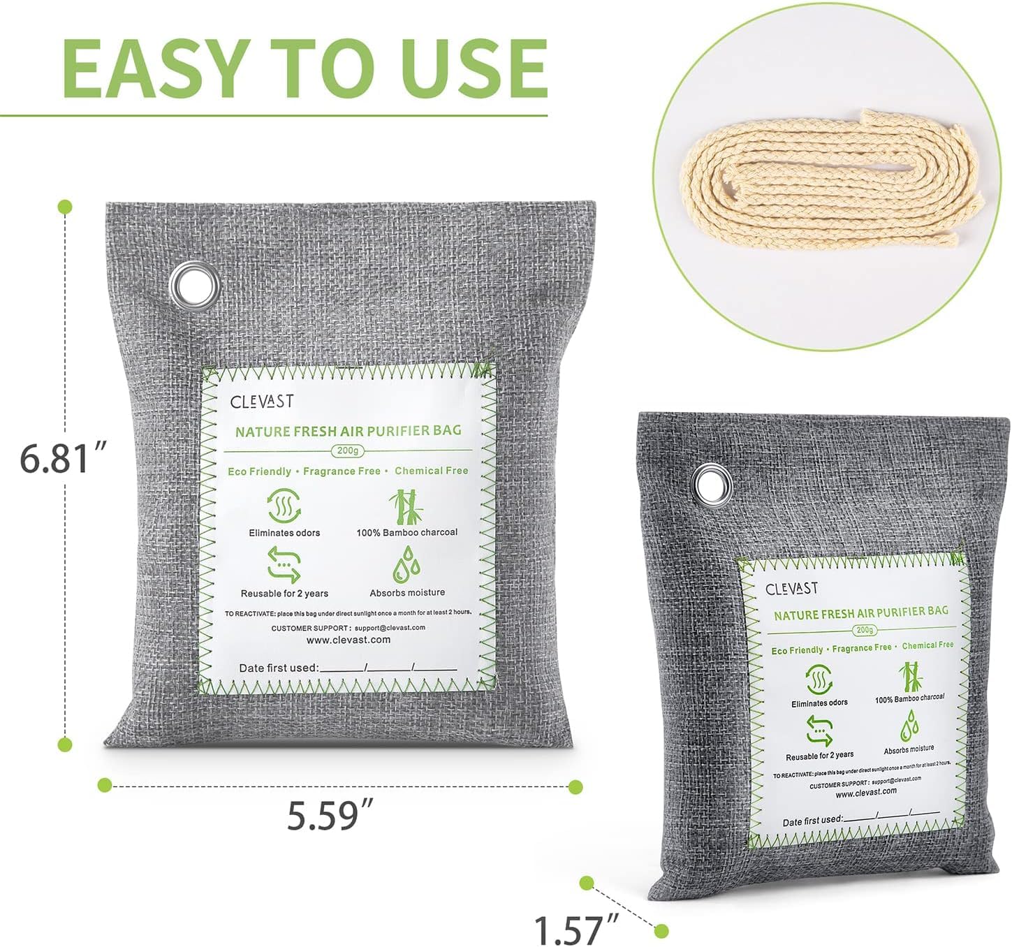 CLEVAST Bamboo Charcoal Air Purifying Bags - (Large, 4×200g), Removes Odors and Moisture, Nature Fresh Air Purifier Bags, Odor Eliminator for Home