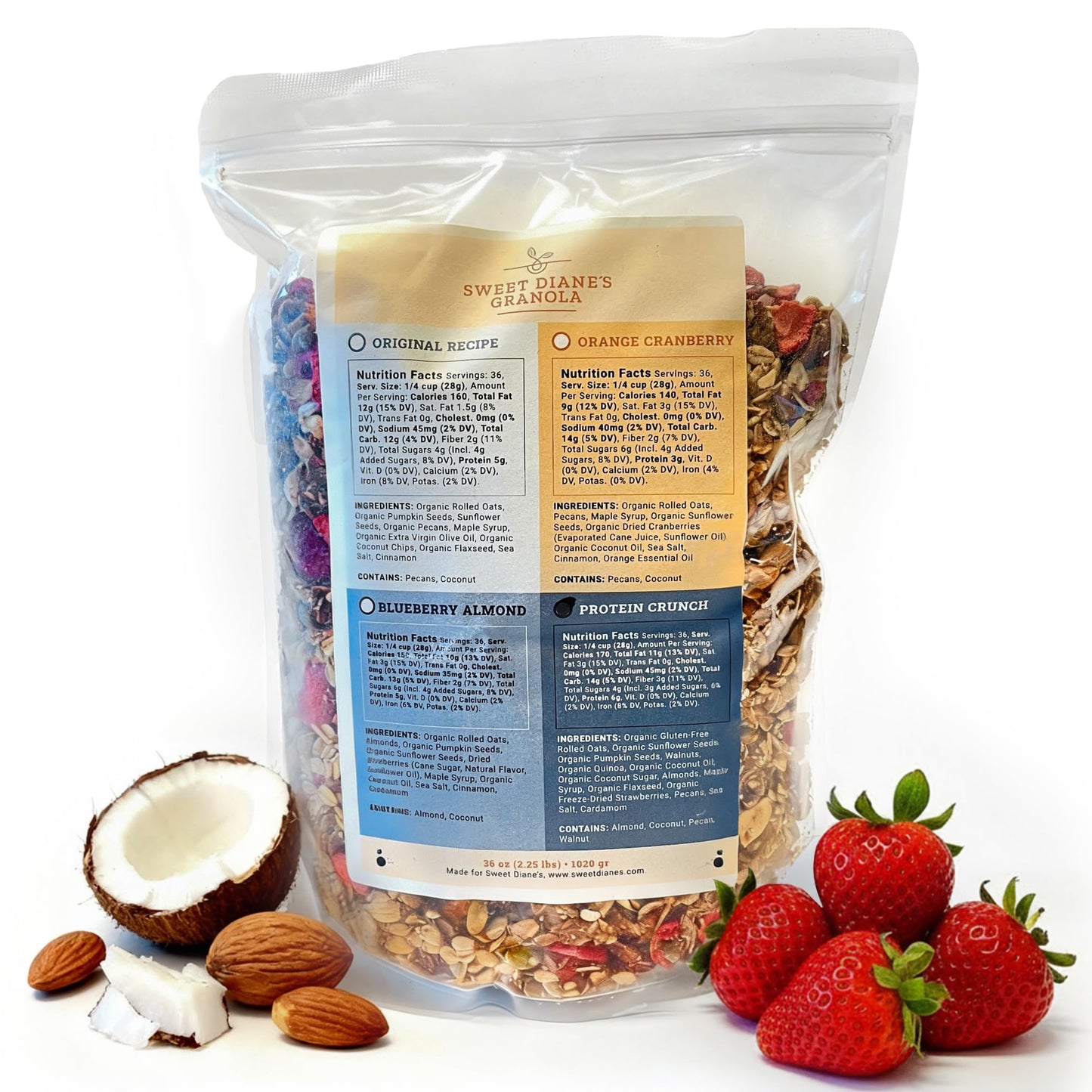 Sweet Diane’s Granola - Family Size (36 oz) Protein Crunch Organic Granola, Low-Sugar, High-Fiber, Gluten-Free, Vegan, Delicious Breakfast and Snack