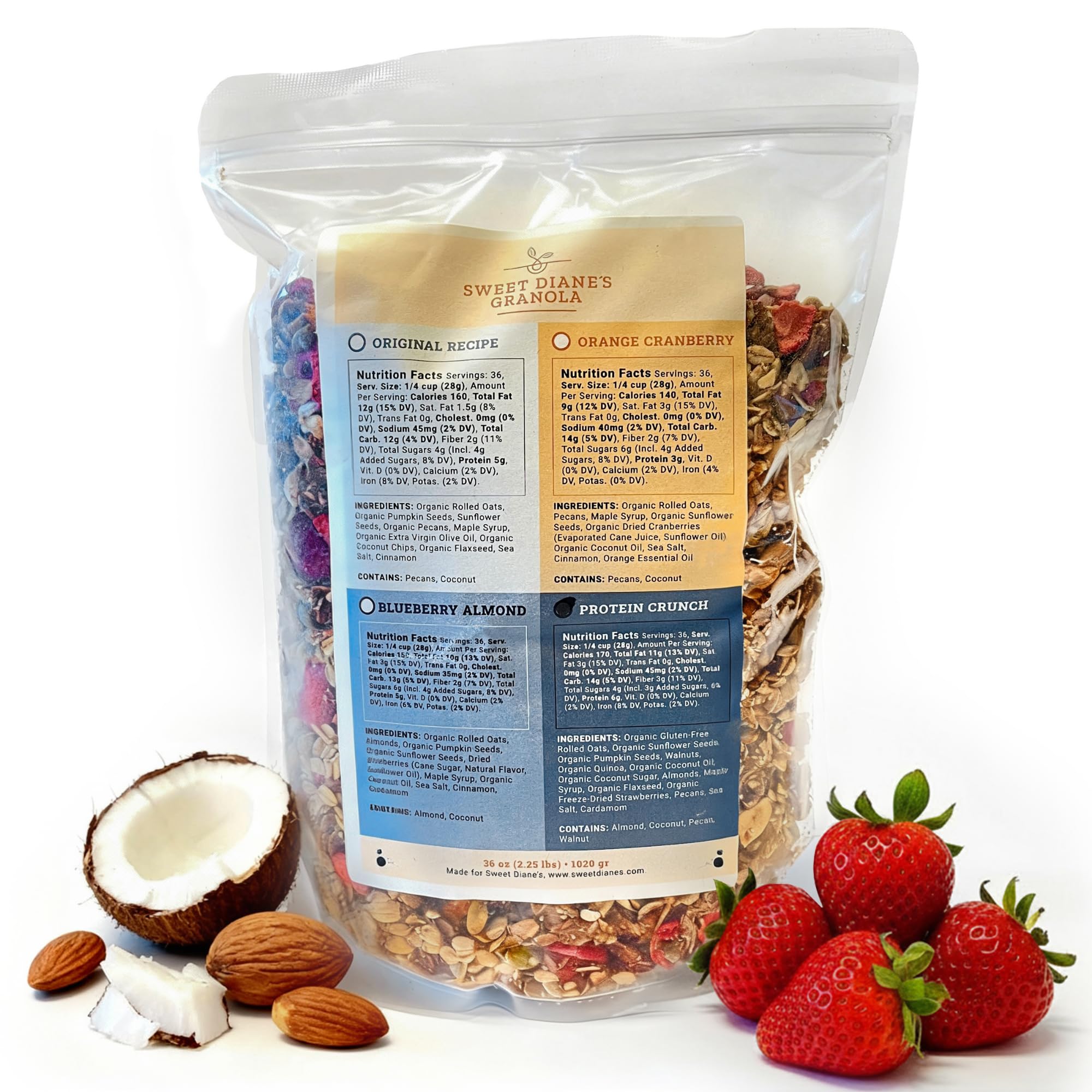 Sweet Diane’s Granola - Family Size (36 oz) Protein Crunch Organic Granola, Low-Sugar, High-Fiber, Gluten-Free, Vegan, Delicious Breakfast and Snack