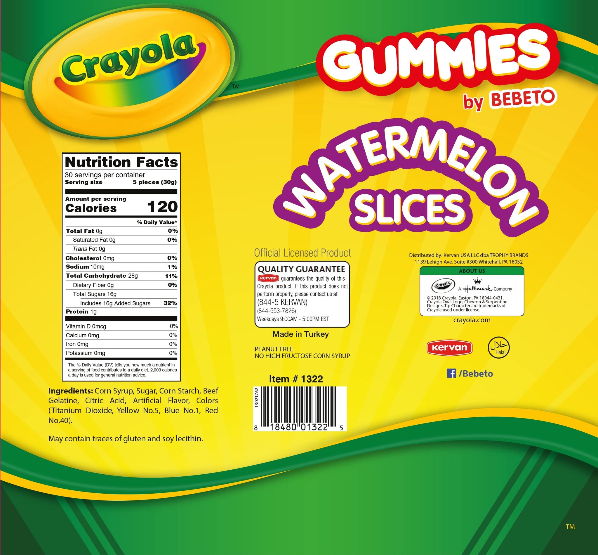 Bebeto Crayola Watermelon Slices Gummies 2 lbs - Fruity Chewy Candy Resealable Stand Up Pouch - Halal Peanut Free No HFCS - by Kervan