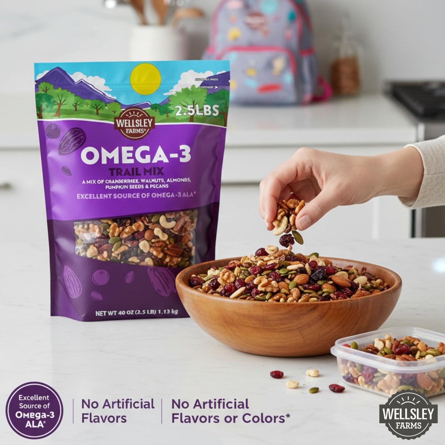 Wellsley Farms Omega 3 Deluxe Mix -Cranberries, Walnuts, Almonds, Pumpkin Seeds, Pecans. Healthy Heart Trail Mix, Power Up, Gluten Free, Cholesterol
