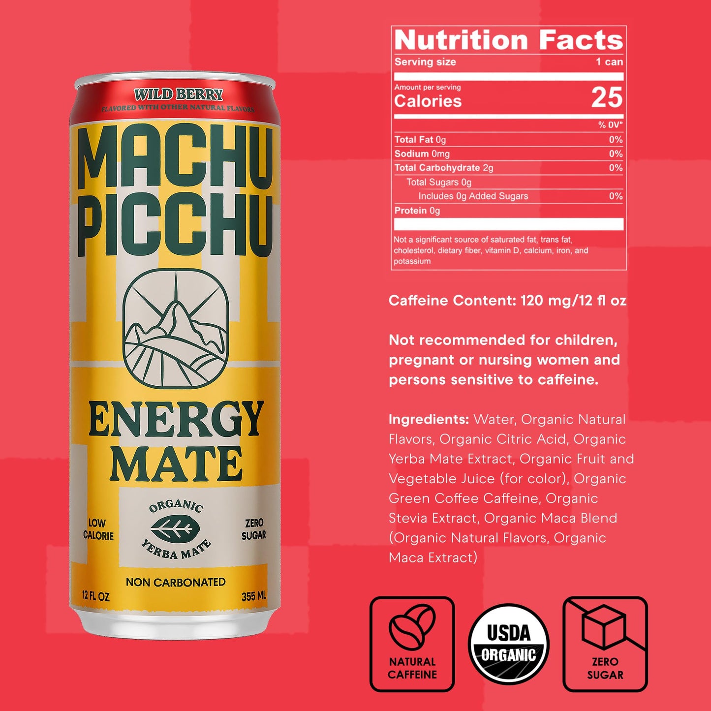 MACHU PICCHU 12-Pack-Wild Berry Zero Sugar Energy Mate Drink - Non-Carbonated Yerba Mate, 120mg Organic Caffeine, Smooth Focus Without Jitters or