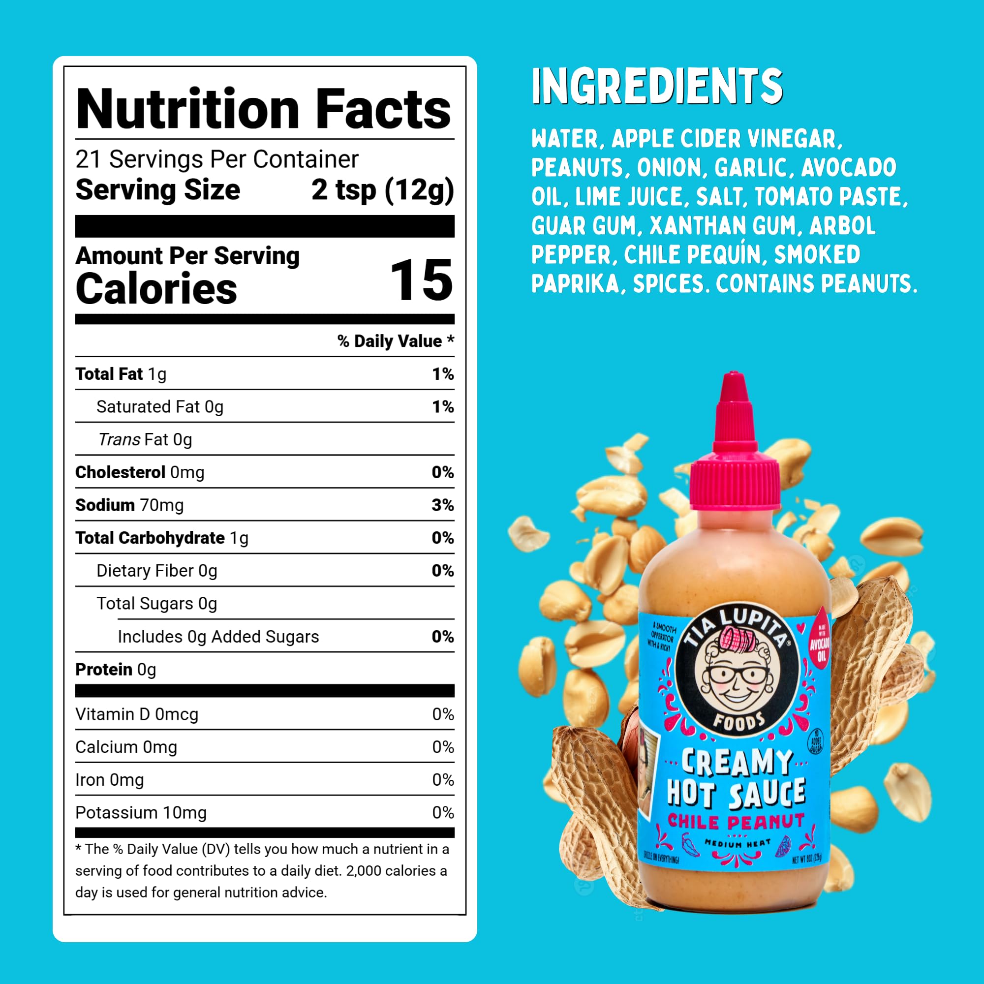 Tia Lupita Creamy Hot Sauce Chile Peanut | Gluten-Free, Non Dairy Made with Avocado Oil, No Added Sugar | 8 Ounce Squeeze Bottle (Pack of 2)
