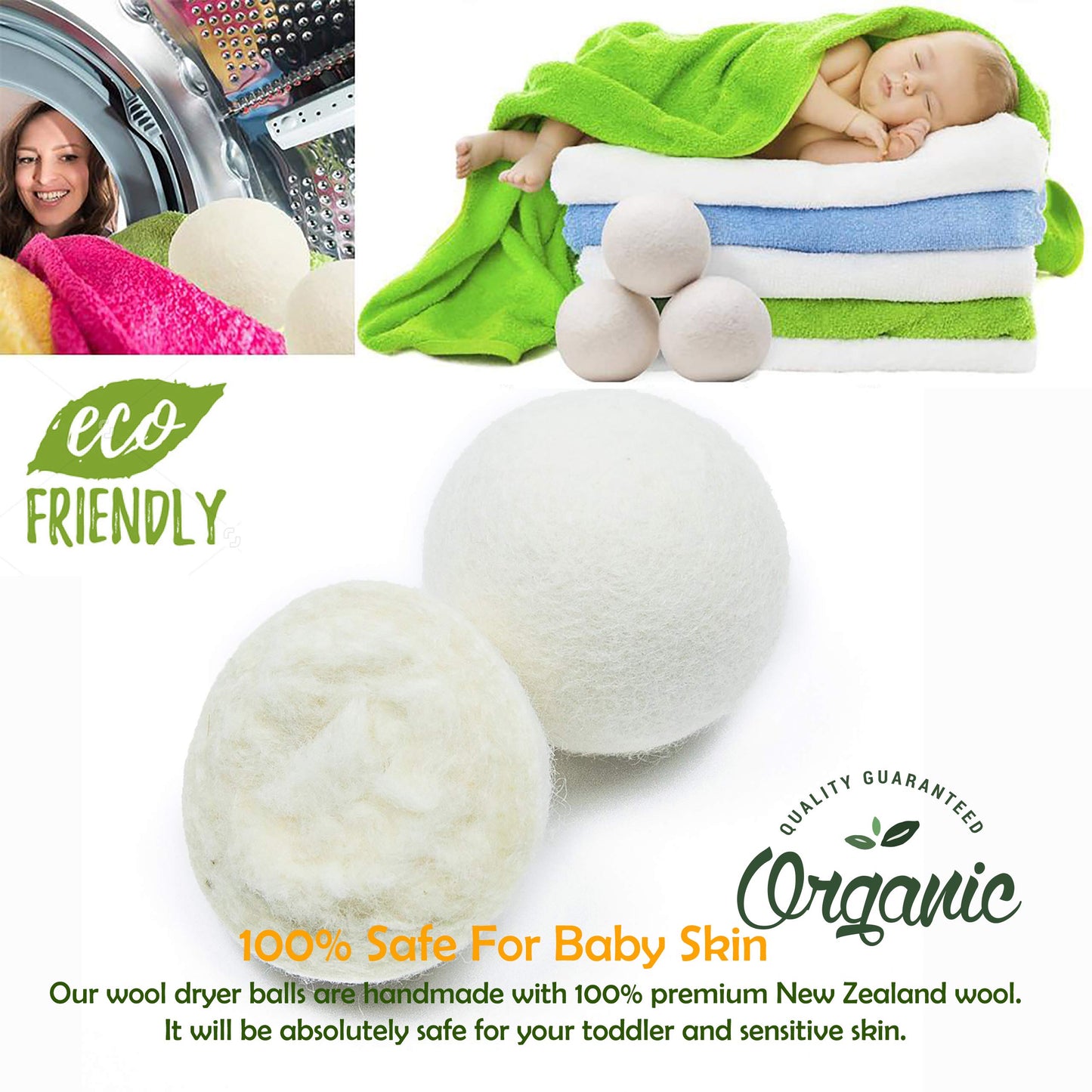 EcoJeannie (WB0004-4 Pack) Wool Dryer Balls - New and Improved XL Eco-Friendly Natural Unscented Fabric Softener Static Guard - 100% Natural New