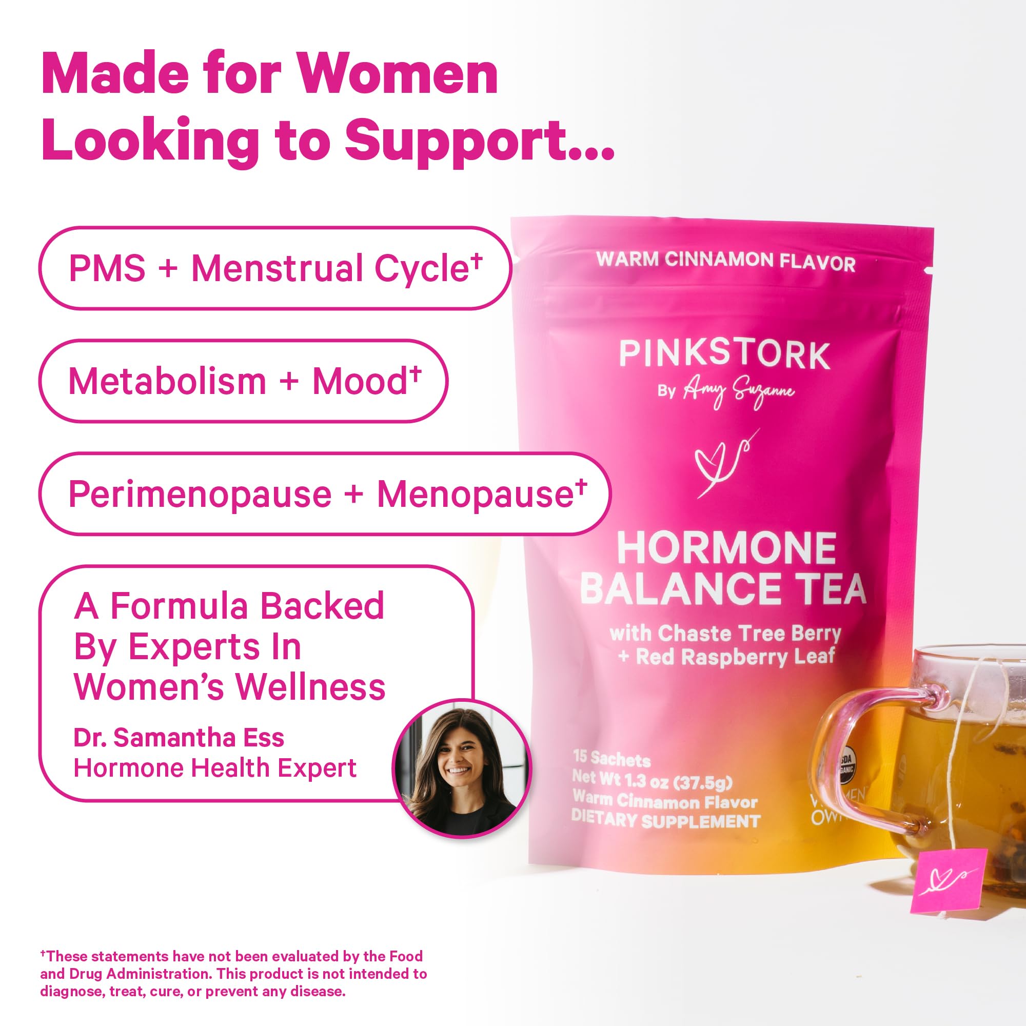 Pink Stork Hormone Balance Tea for Women - Red Raspberry Leaf & Chasteberry (Vitex) - Organic Herbal Tea for PMS, Menstrual Cycle + Perimenopause