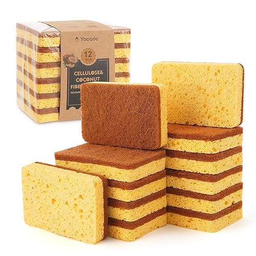 Yocada Cellulose Sponge 12 Pack Biodegradable Natural Kitchen Sponge Dual-Action Cleaning Sponge Compostable Cellulose and Coconut Walnut Non-Scratch