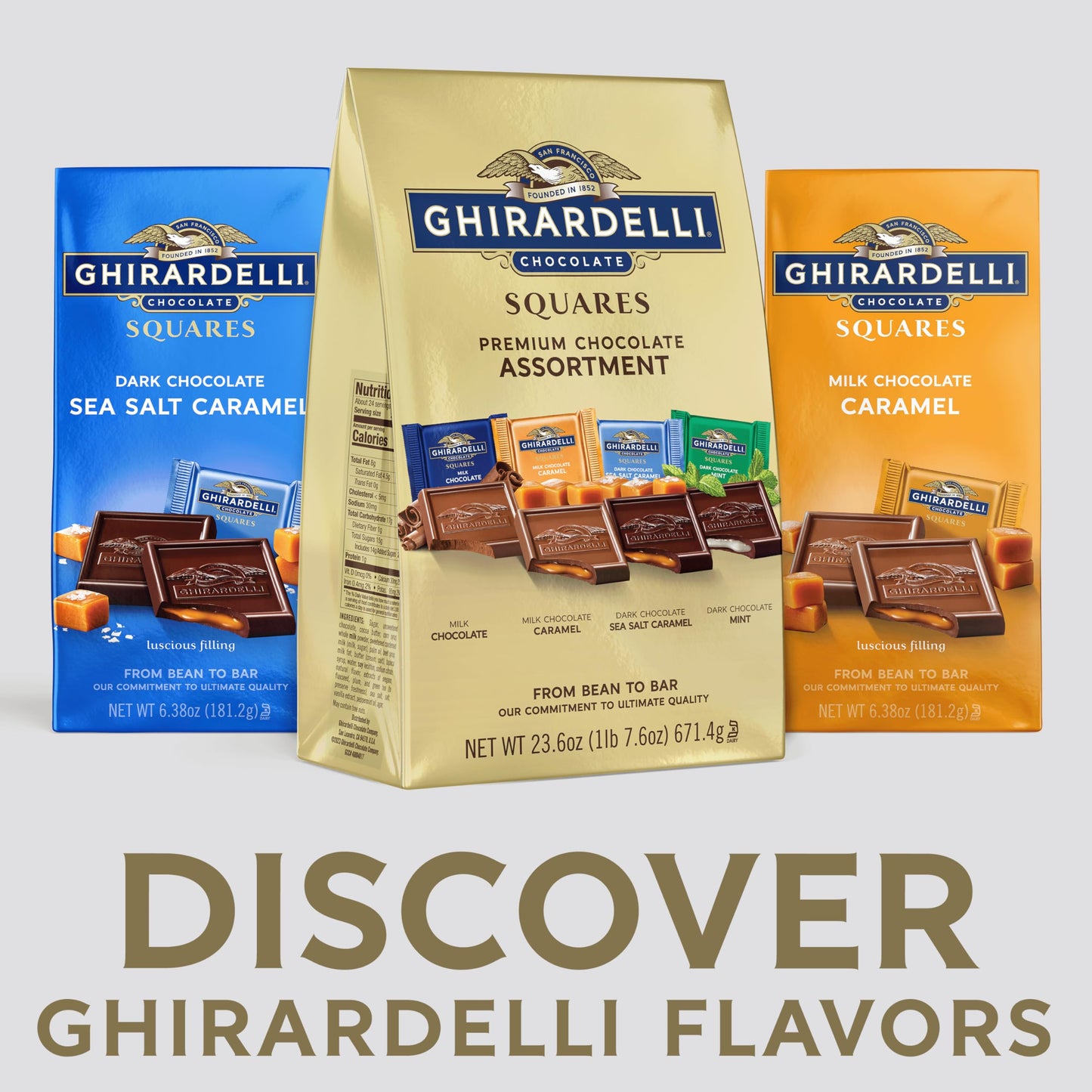 GHIRARDELLI Premium Assorted Chocolate SQUARES, 23.6 oz Bag Variety Pack of Milk, Dark, Mint, and Caramel Chocolates
