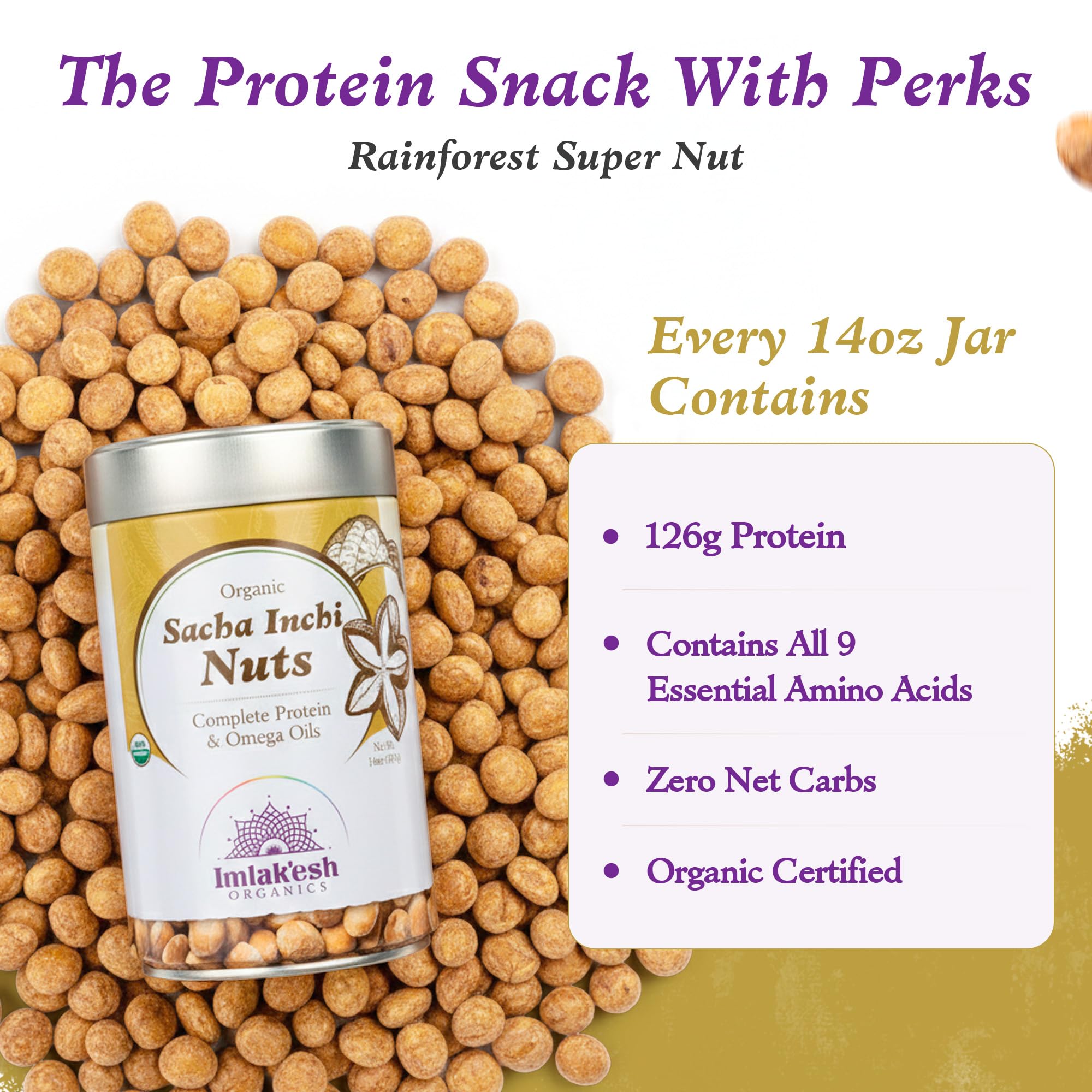 Imlakesh Organics Sacha Inchi Nuts - High Protein Superfood Nuts, 0 Net Carbs, Paleo and Keto Snack, Gluten-Free, Vegan (14oz Metal Jar)