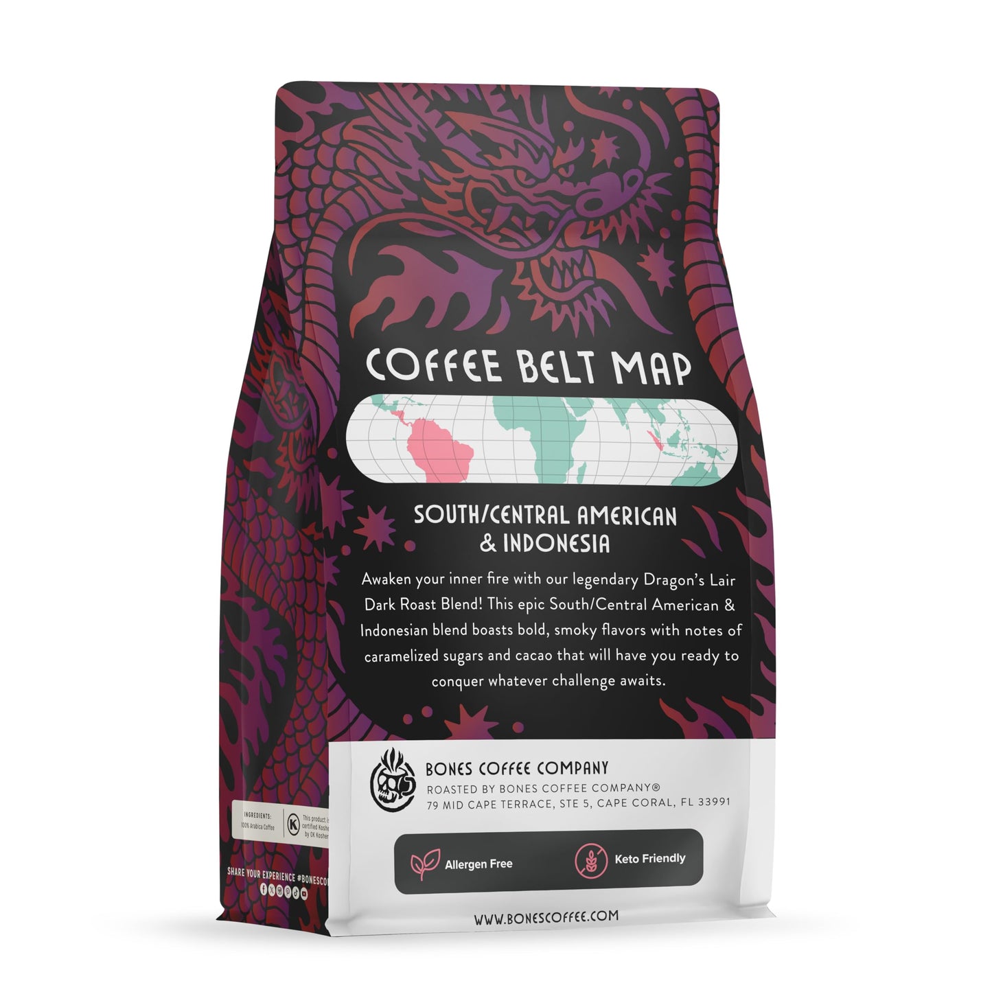 Bones Coffee Company Dragon's Lair - Dark Roast Coffee - Whole Bean - Low-Acid Arabica Coffee Beans - South/Central America and Indonesia Grown