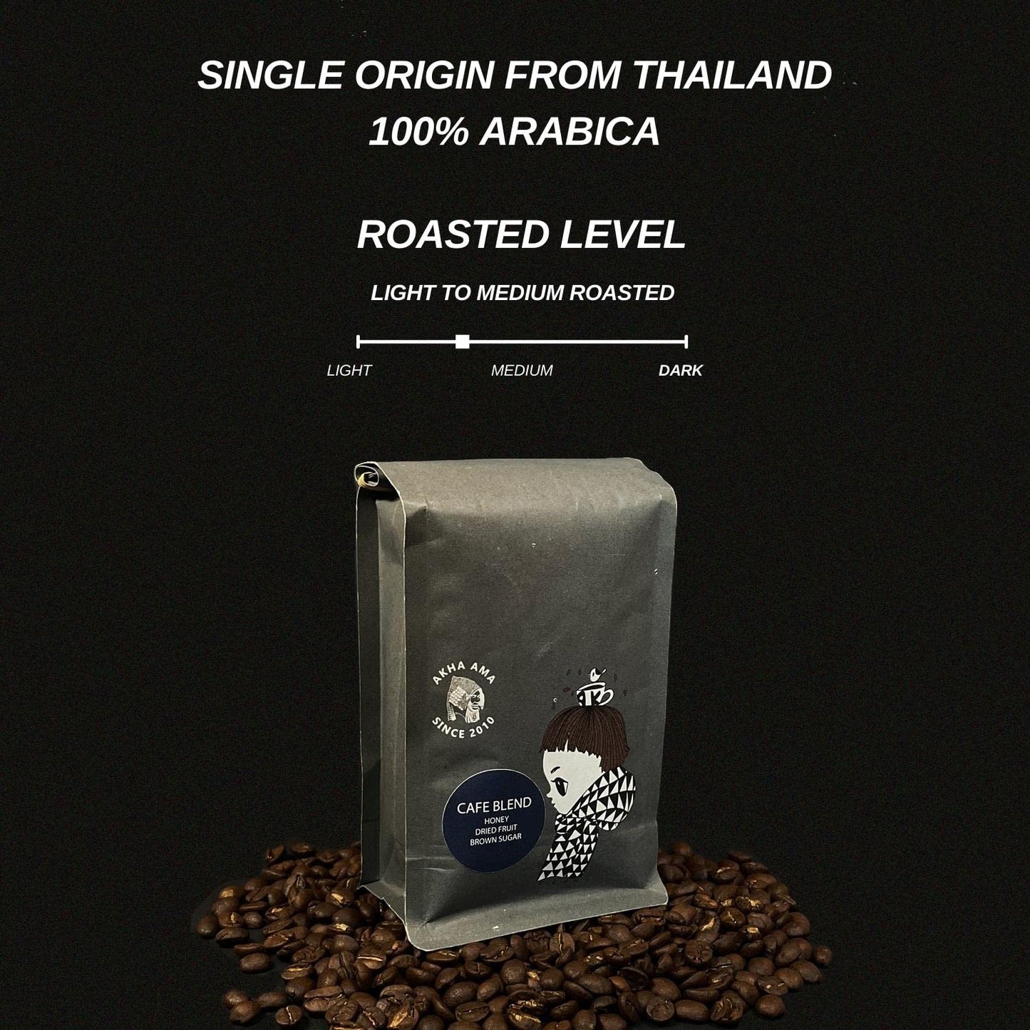 Akha Ama Whole Coffee Beans, Light and Medium Roast, 250 grams (8.8oz.) - Cafe Blend, Flavor Notes of Honey, Dried Fruit, Brown Sugar, 100% Arabica