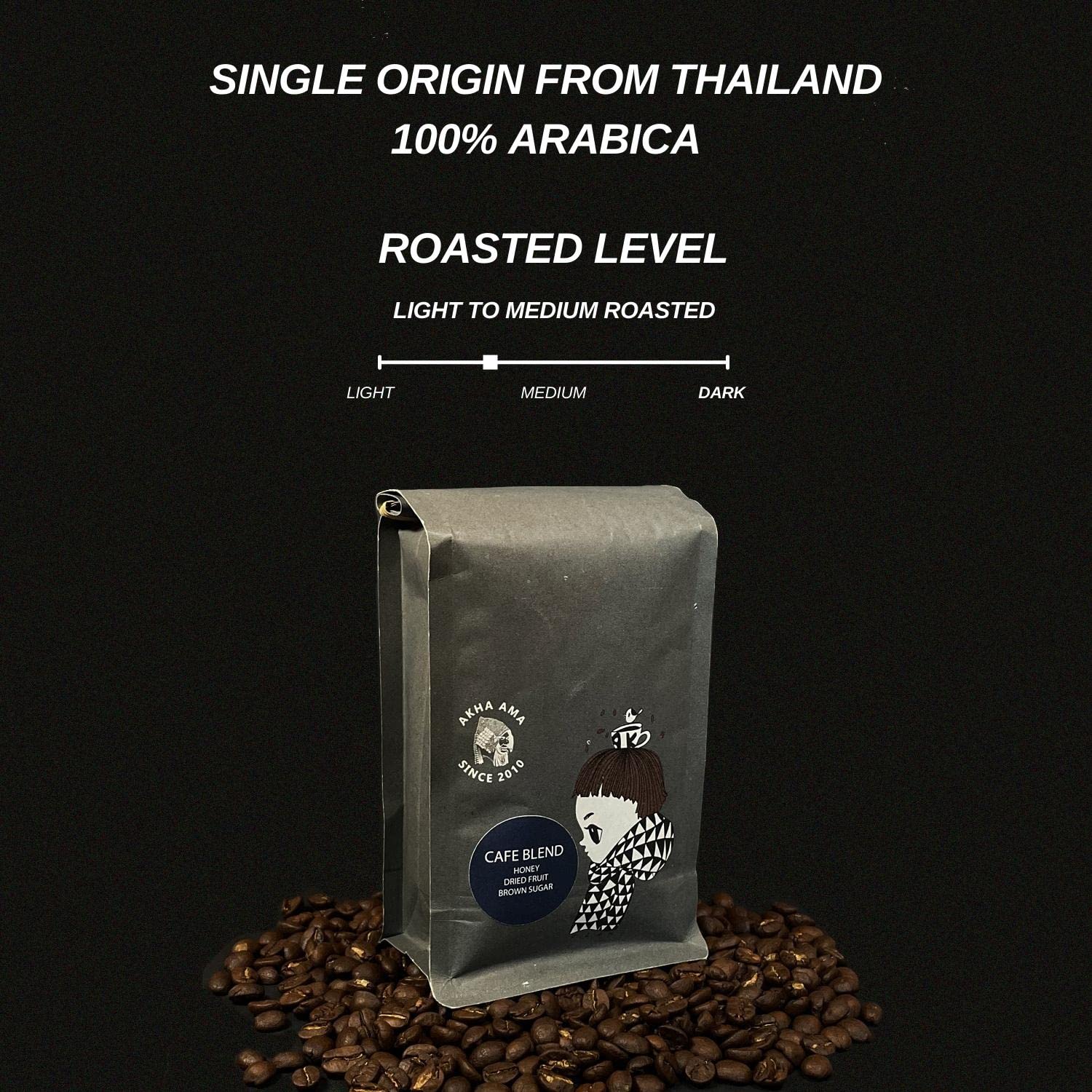 Akha Ama Whole Coffee Beans, Light and Medium Roast, 250 grams (8.8oz.) - Cafe Blend, Flavor Notes of Honey, Dried Fruit, Brown Sugar, 100% Arabica