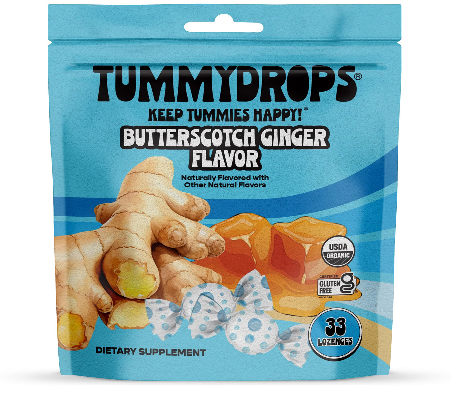 Tummydrops USDA Organic Butterscotch Ginger Flavor, Gluten Free & Vegan, 33 Organic Ginger Lozenges