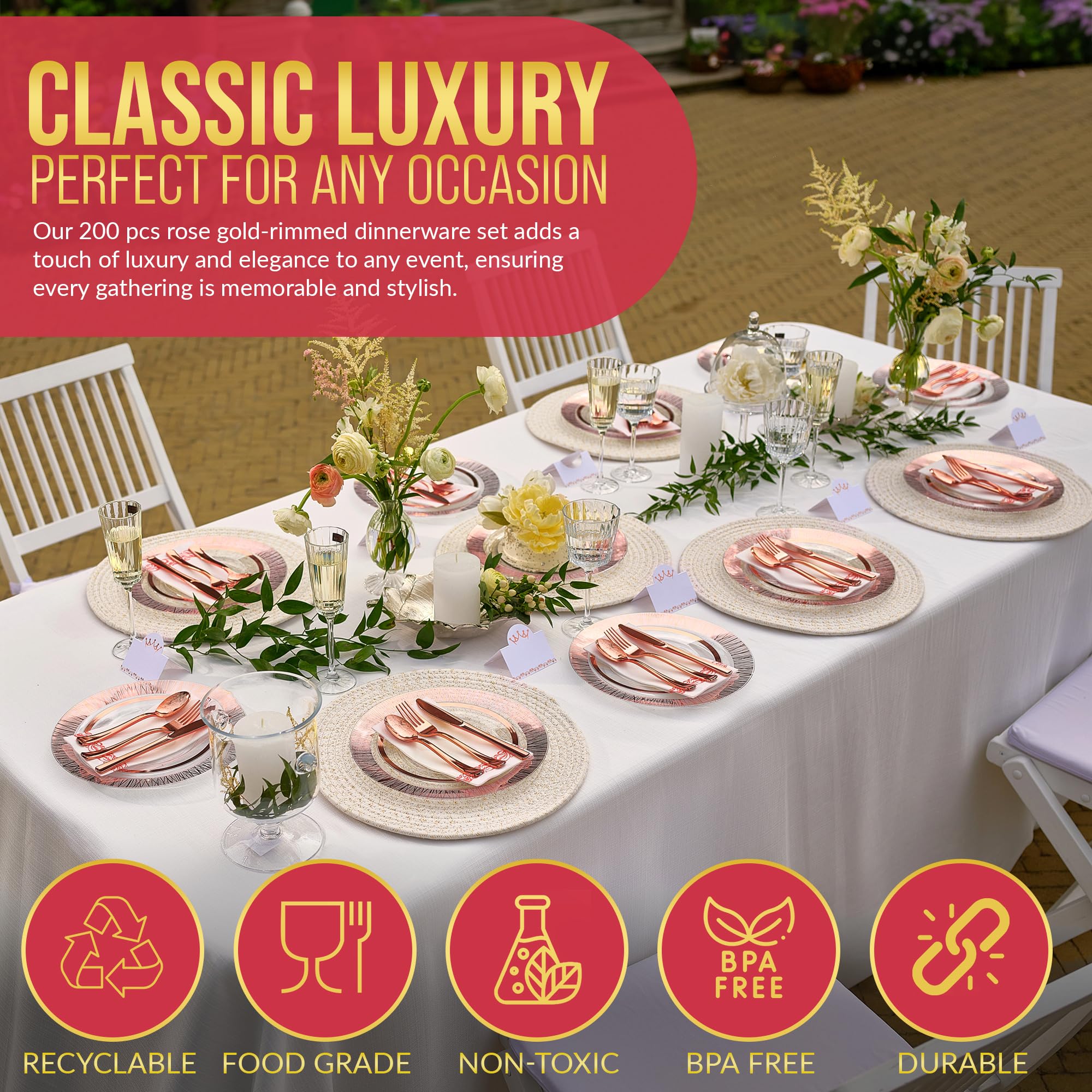 LAXORE 200 Pcs Plastic Dinner Plates - Decorative Disposable Plates - Disposable Plates - Party Plates Set: 25 7’’ & 25 10’’ Plates, 50 Forks, 25