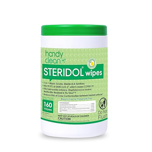 Steridol Wipes Canister, Hard Surface Wipes Multipurpose Cleaning 160 Count Fresh Lemon Scent Industrial Grade For Business Use