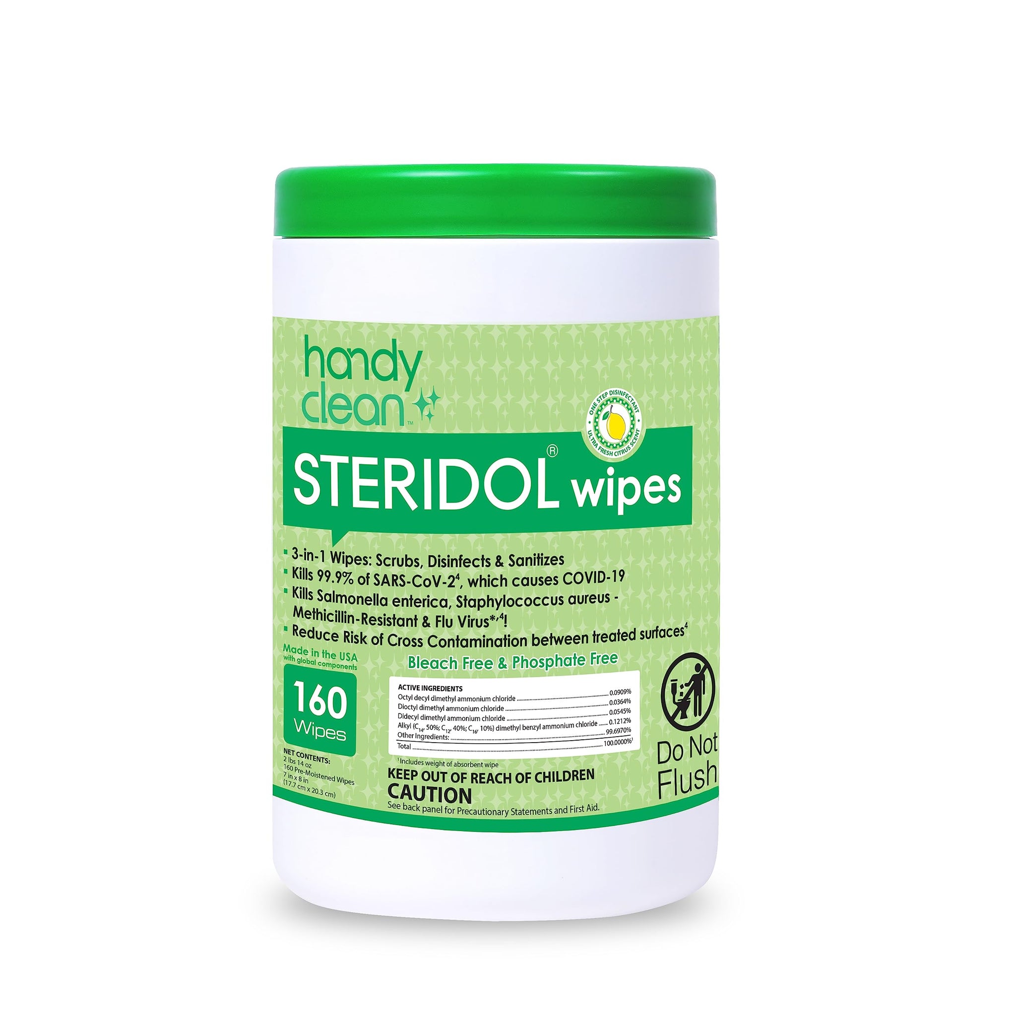 Steridol Wipes Canister, Hard Surface Wipes Multipurpose Cleaning 160 Count Fresh Lemon Scent Industrial Grade For Business Use