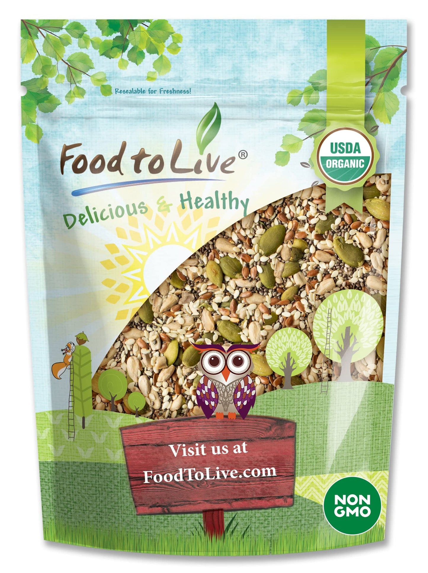 Food to Live Organic Super 5 Seeds Mix, 12 Ounces - A Non-GMO Blend of Flax Seeds, Sesame Seeds, Sunflower Kernels, Pumpkin Kernels, and Chia Seeds