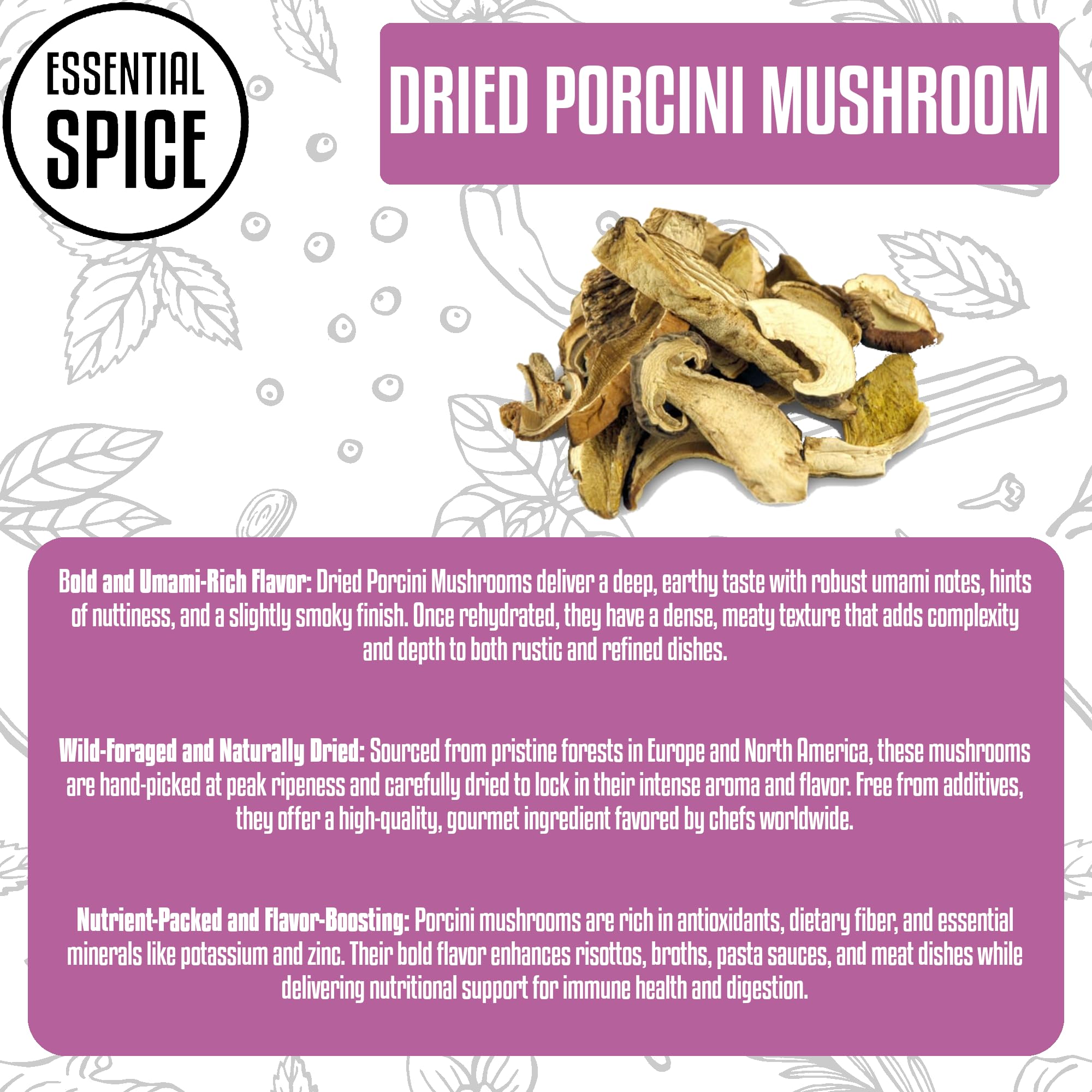 Essential Spice Dried Porcini Mushrooms - Superior Grade, Deep Umami Flavor & Dense Texture - Ideal for Risottos, Sauces, Stews & Broths - Premium