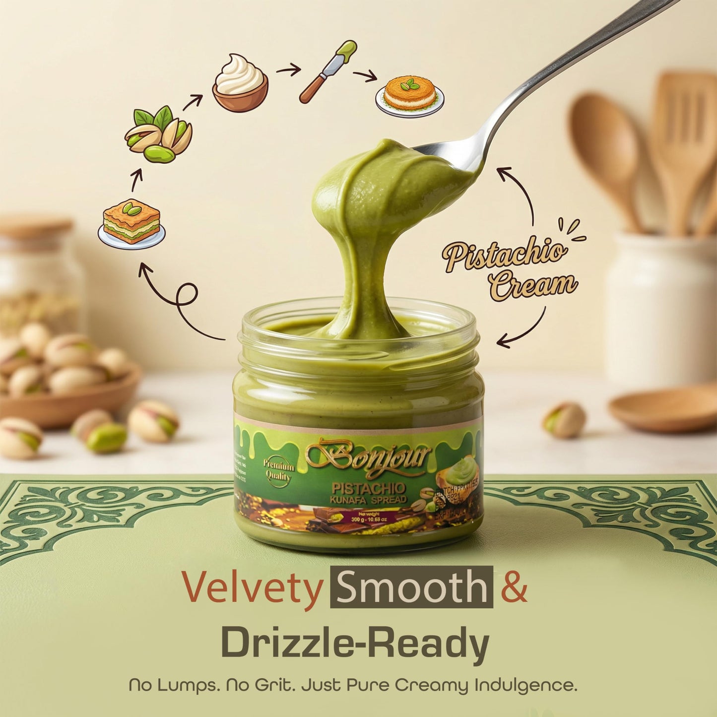 Bonjour Pistachio Kunafa Spread - Authentic Pistachio Cream for Dubai Chocolate Filling - No Artificial Flavours - Premium Pistachio Butter for Dubai