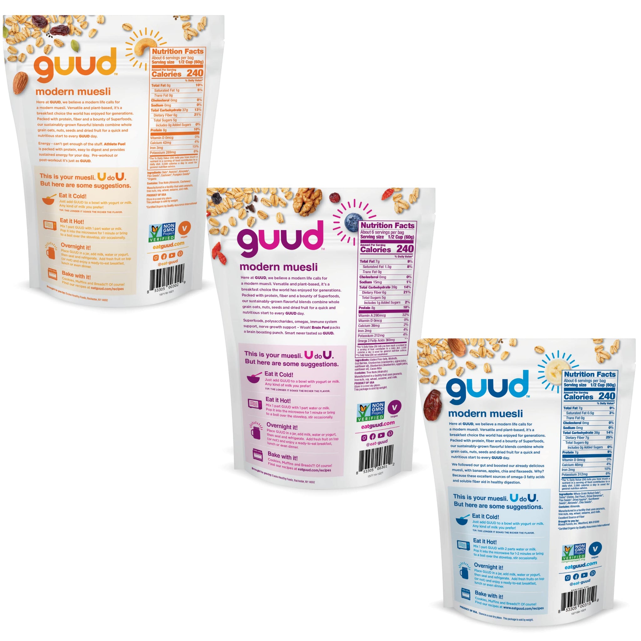 GUUD Fuel Pack Muesli Cereal Variety Pack, 12 Ounce (Pack of 3), Athlete Fuel, Brain Fuel, Gut Fuel, Vegan, Non-GMO Certified, Kosher