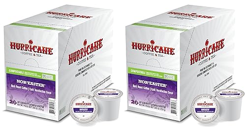Hurricane Coffee Nor'easter Dark Roast, Compostable Single Serve Coffee Pods Compatible with Keurig K-Cup Brewers, 20 Count per Box, 2 Boxes