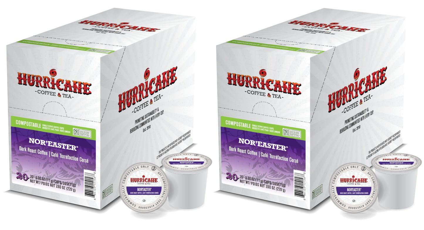 Hurricane Coffee Nor'easter Dark Roast, Compostable Single Serve Coffee Pods Compatible with Keurig K-Cup Brewers, 20 Count per Box, 2 Boxes