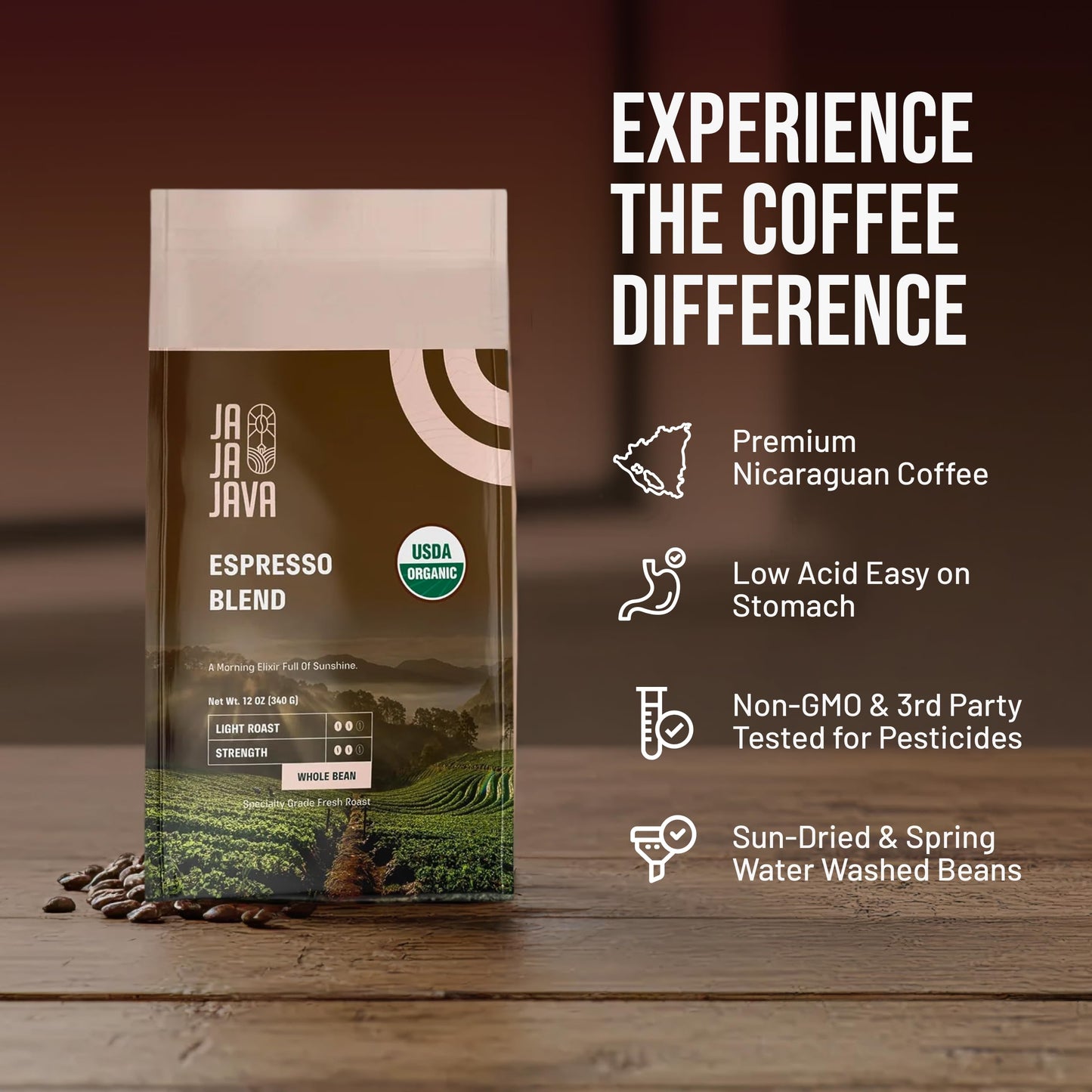 JaJa Java Espresso Blend Whole Bean Coffee, Light Roast, 12 Ounces, USDA Organic, Specialty Grade Fresh Roast