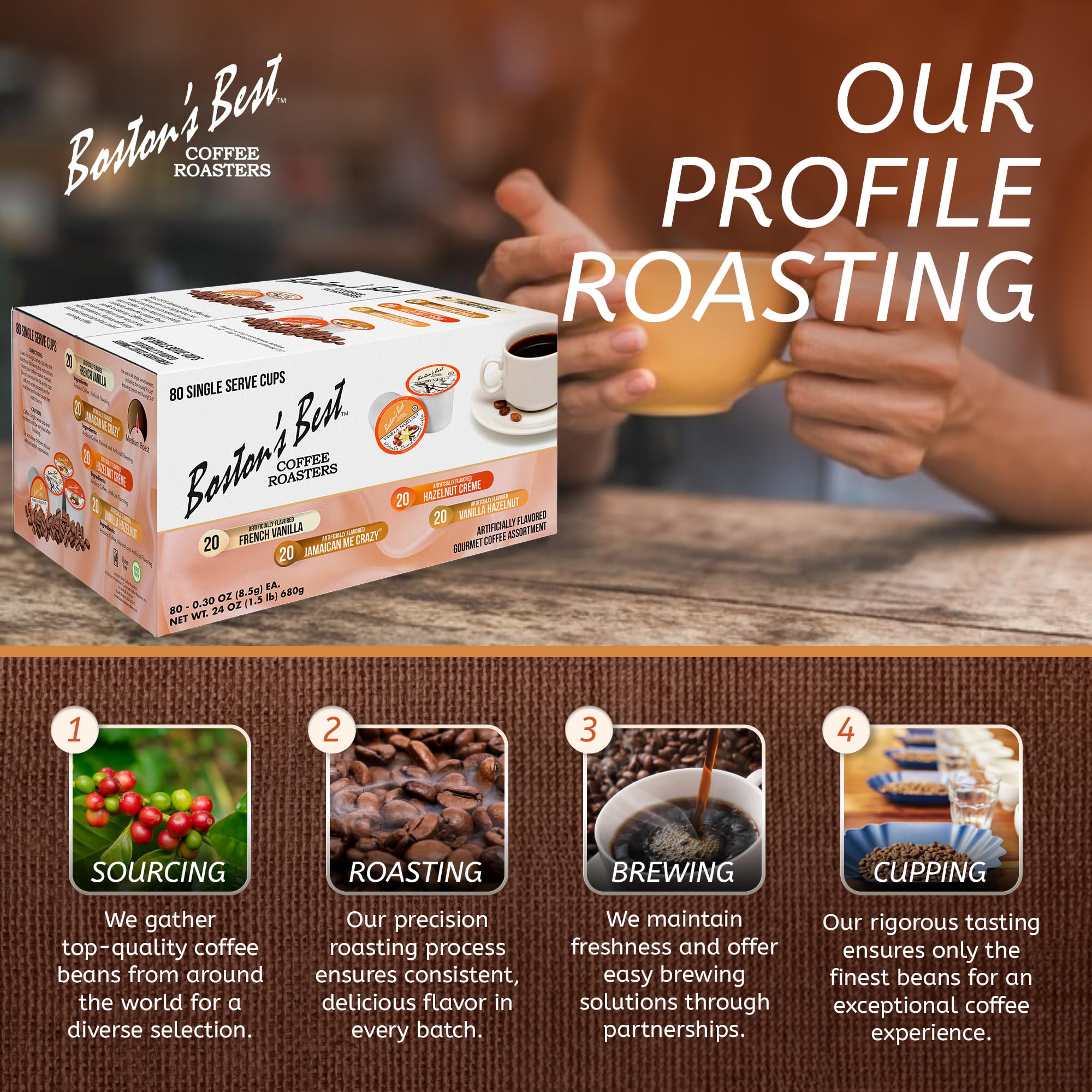 Boston’s Best Coffee Roasters Single Serve Cups - Assorted Coffee Pods - French Vanilla, Jamaican Me Crazy, Hazelnut Crème & Vanilla Hazelnut - 80 Ct