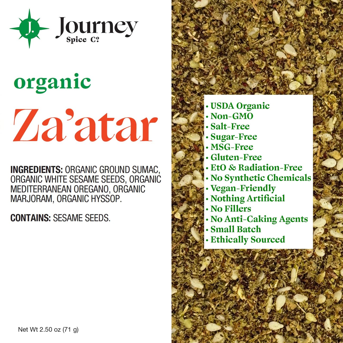 Organic Za'atar Spice Seasoning by Journey Spice Co. | Salt-Free, Sugar-Free, Non-GMO | Gourmet Mediterranean All-Purpose Spice Herb Blend | 2.5 oz. |