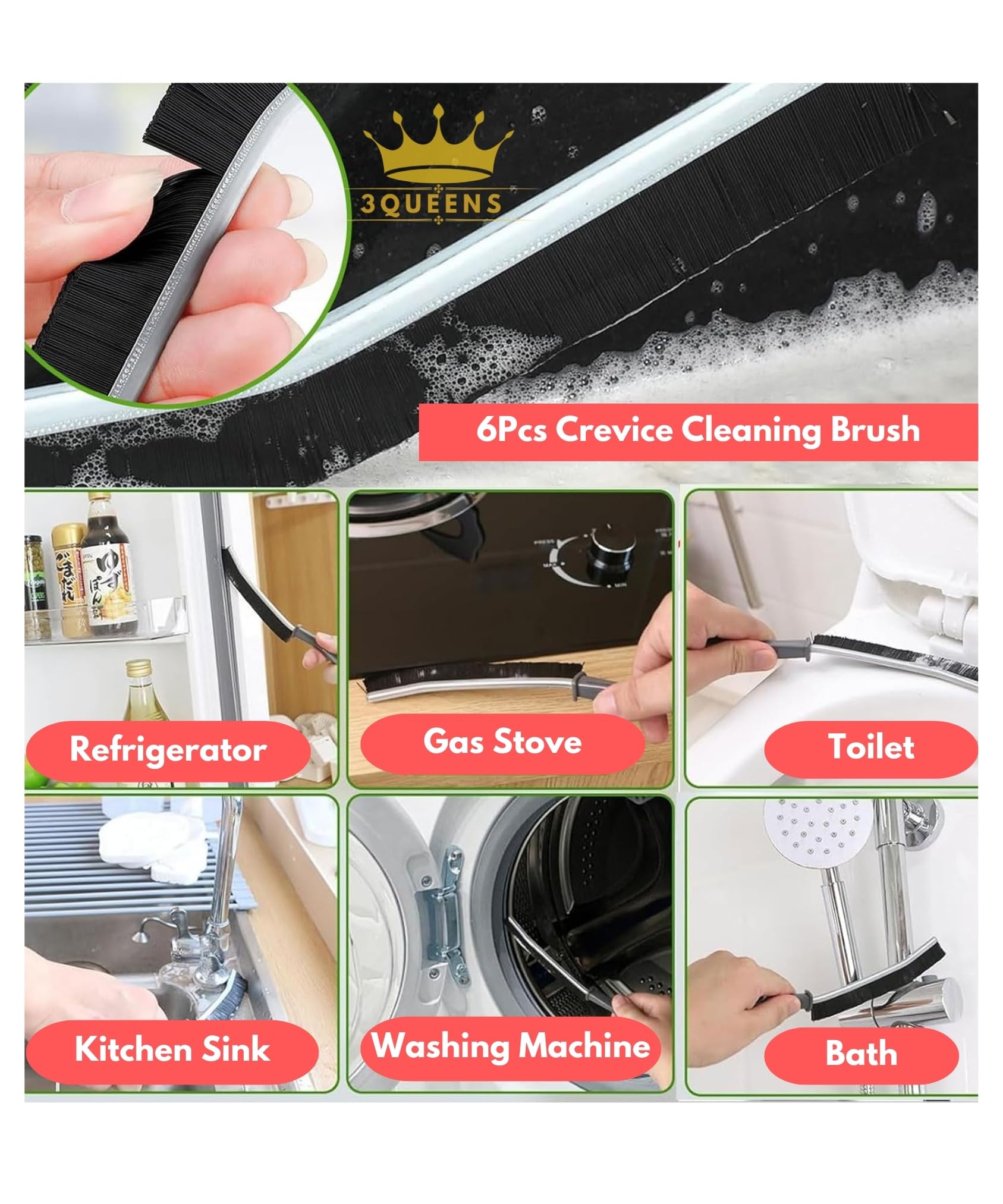 6Pcs Crevice Cleaning Brush 6 Extra Hooks, Multifunctional Cleaning Tool for Home & Kitchen,Heavy-Duty Deep Cleaning Gaps