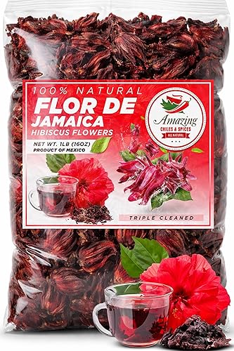 Hibiscus Flowers 1lb (16oz) - All Natural, Triple Cleaned - Whole Soft Flowers and Petals - Flor de Jamaica. Great for Hot or Iced Tea and Agua