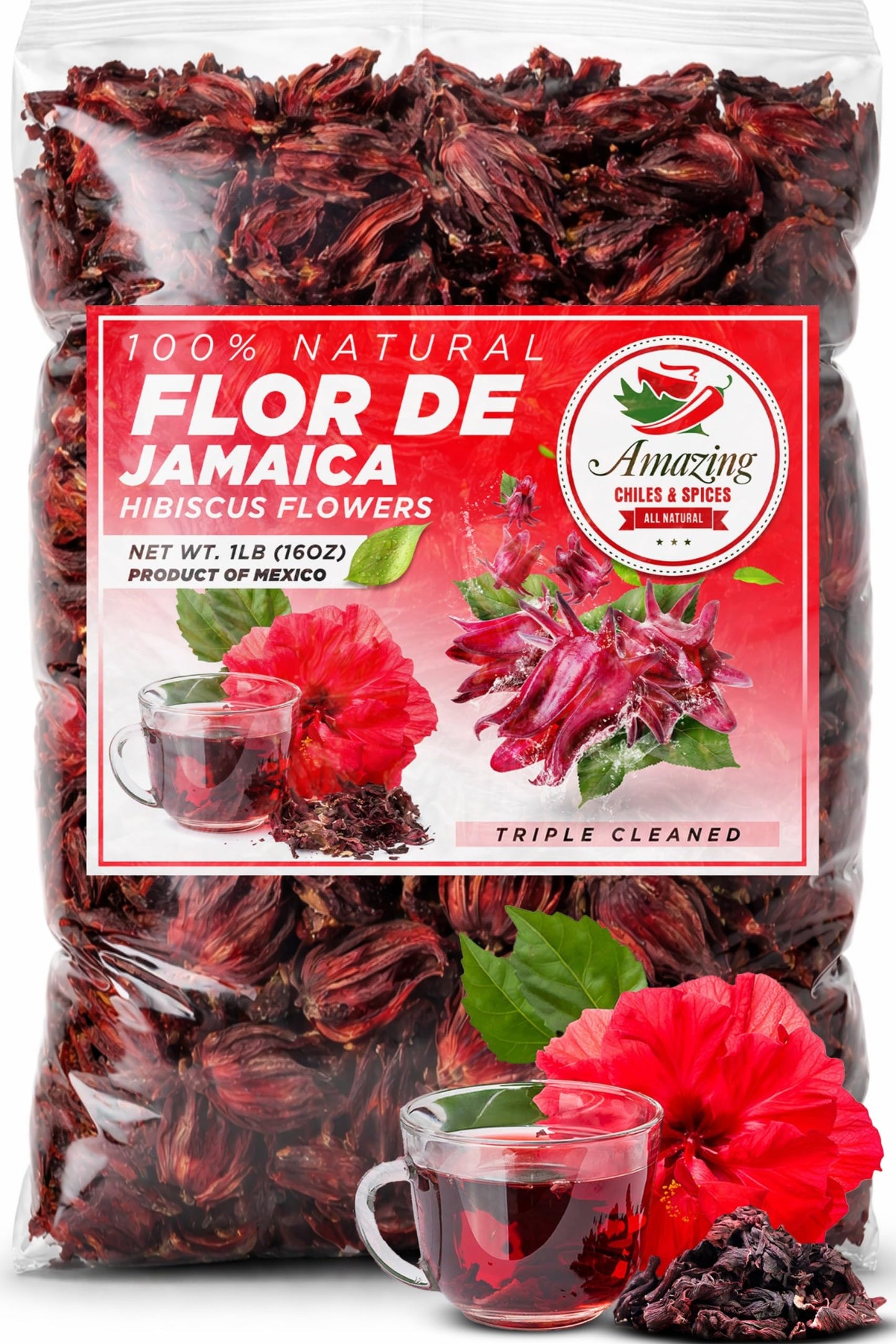 Hibiscus Flowers 1lb (16oz) - All Natural, Triple Cleaned - Whole Soft Flowers and Petals - Flor de Jamaica. Great for Hot or Iced Tea and Agua