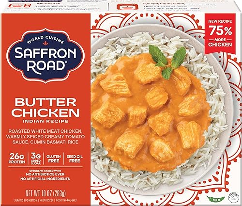 Saffron Road Frozen Butter Chicken - High Protein, Seed Oil Free, Chickens Raised with No Antibiotics, No Artificial Ingredients, Gluten-Free - 10