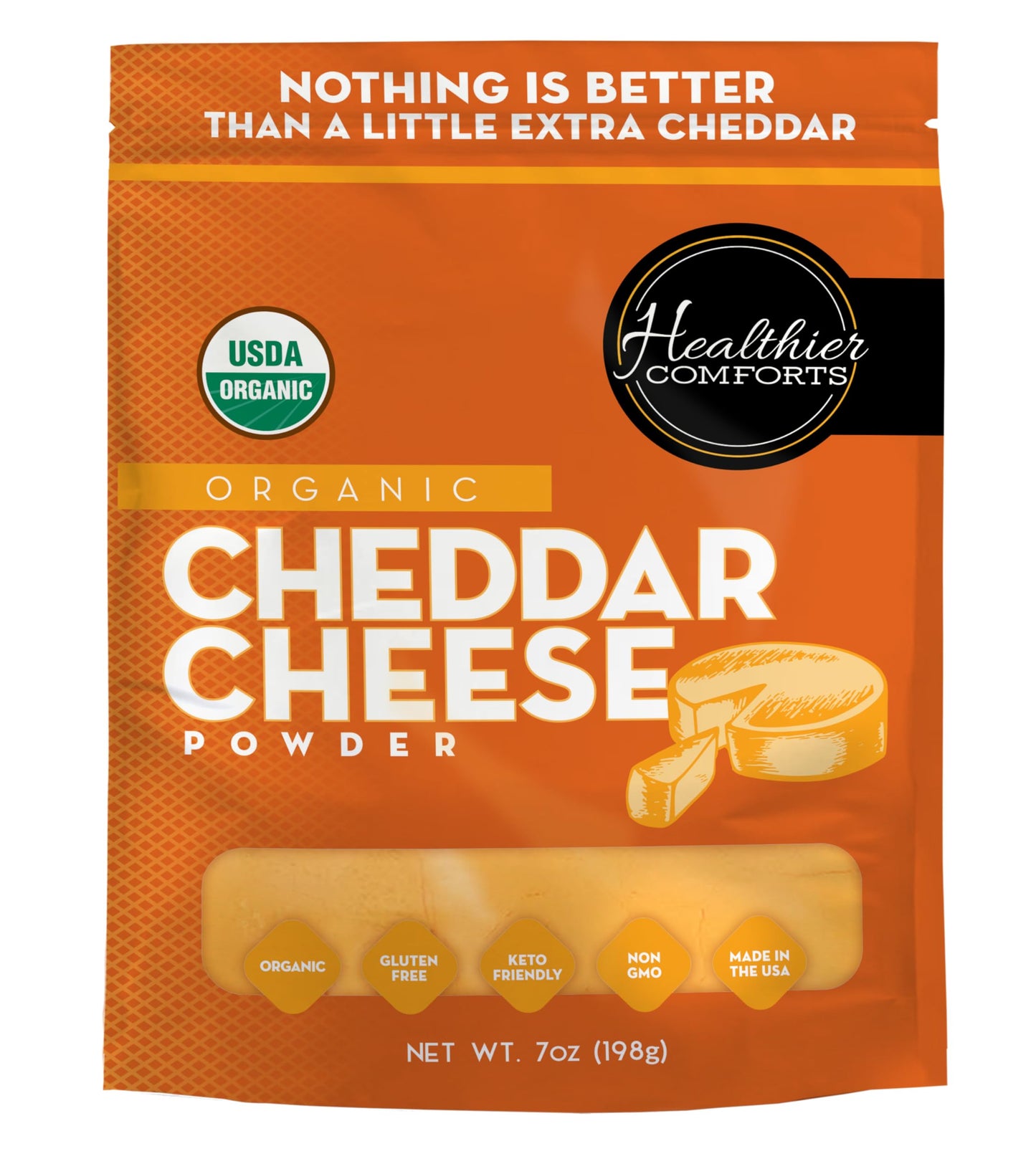 Healthier Comforts Organic Cheddar Cheese Powder | Gluten Free, Keto-Friendly, Non-GMO, Antibiotic & Hormone Free | Perfect for Popcorn Seasoning, Mac
