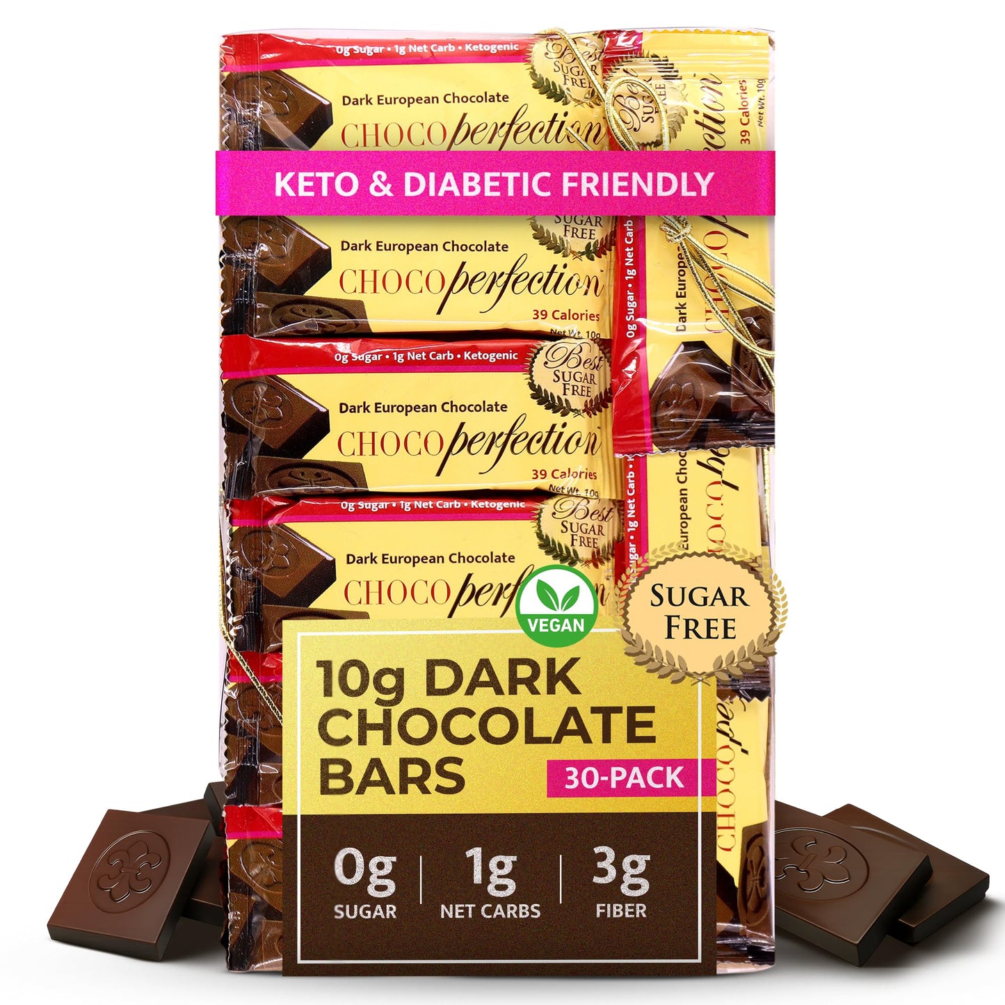 ChocoPerfection Sugar Free Dark Chocolate Mini Bars - European Style Chocolate Keto Friendly, Gluten Free Vegan, Fiber Rich Low Carb Chocolate Snack