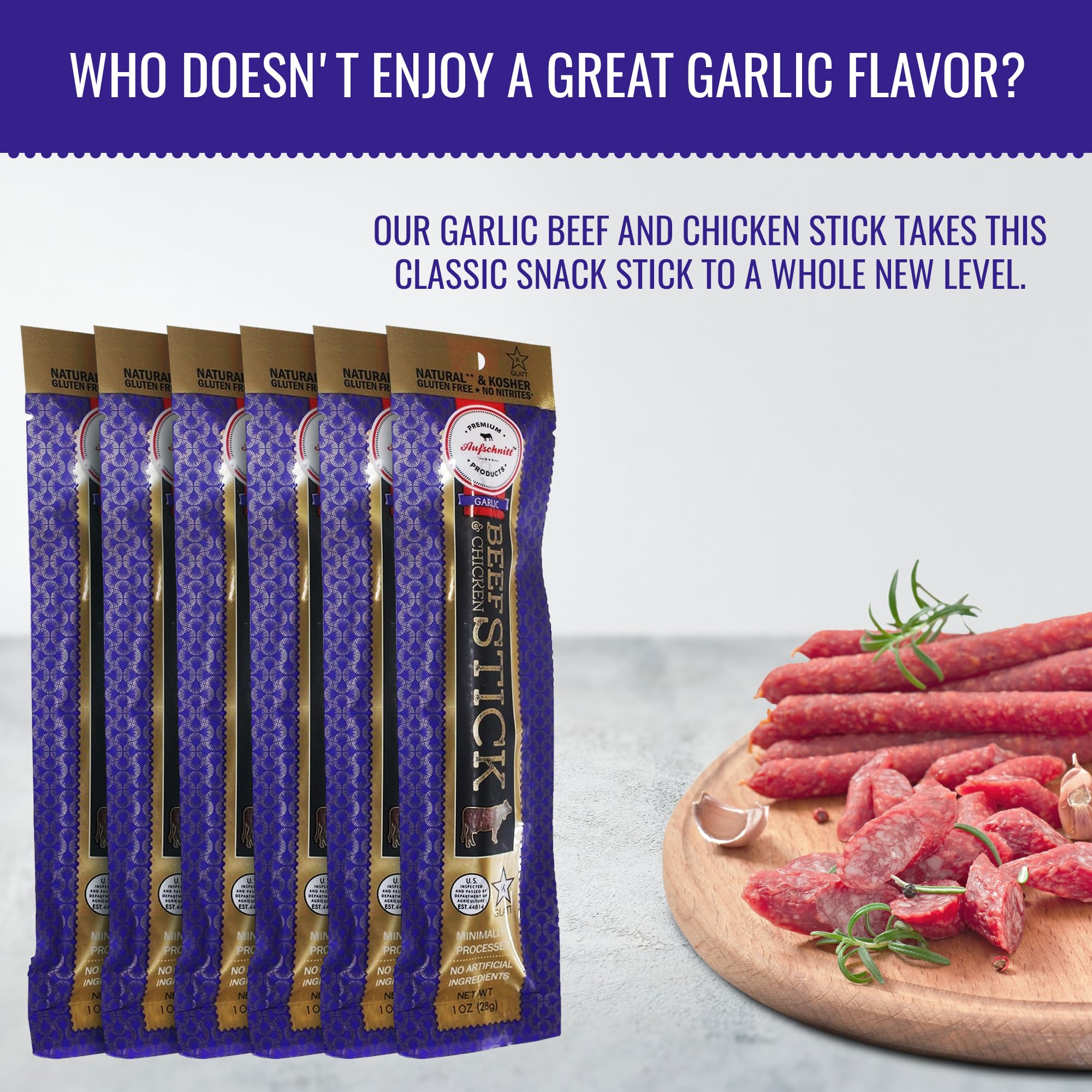 Aufschnitt Grass Fed Beef Jerky Sticks - Low Sodium, Certified Kosher - Made in USA - Keto Friendly - 6 Pack, Garlic