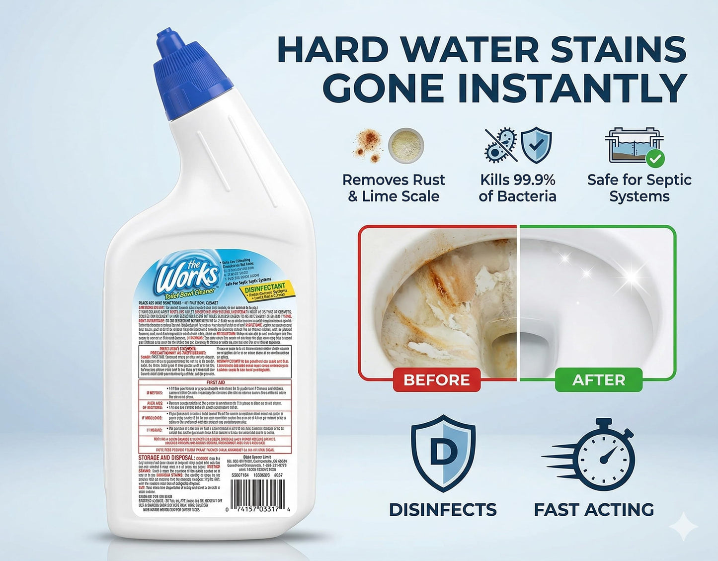 The Works Toilet Bowl Cleaner Disinfectant Removes Rust Lime Scale and Hard Water Stains Kills 99.9% of Household Bacteria 24 fl oz (Pack of 6)