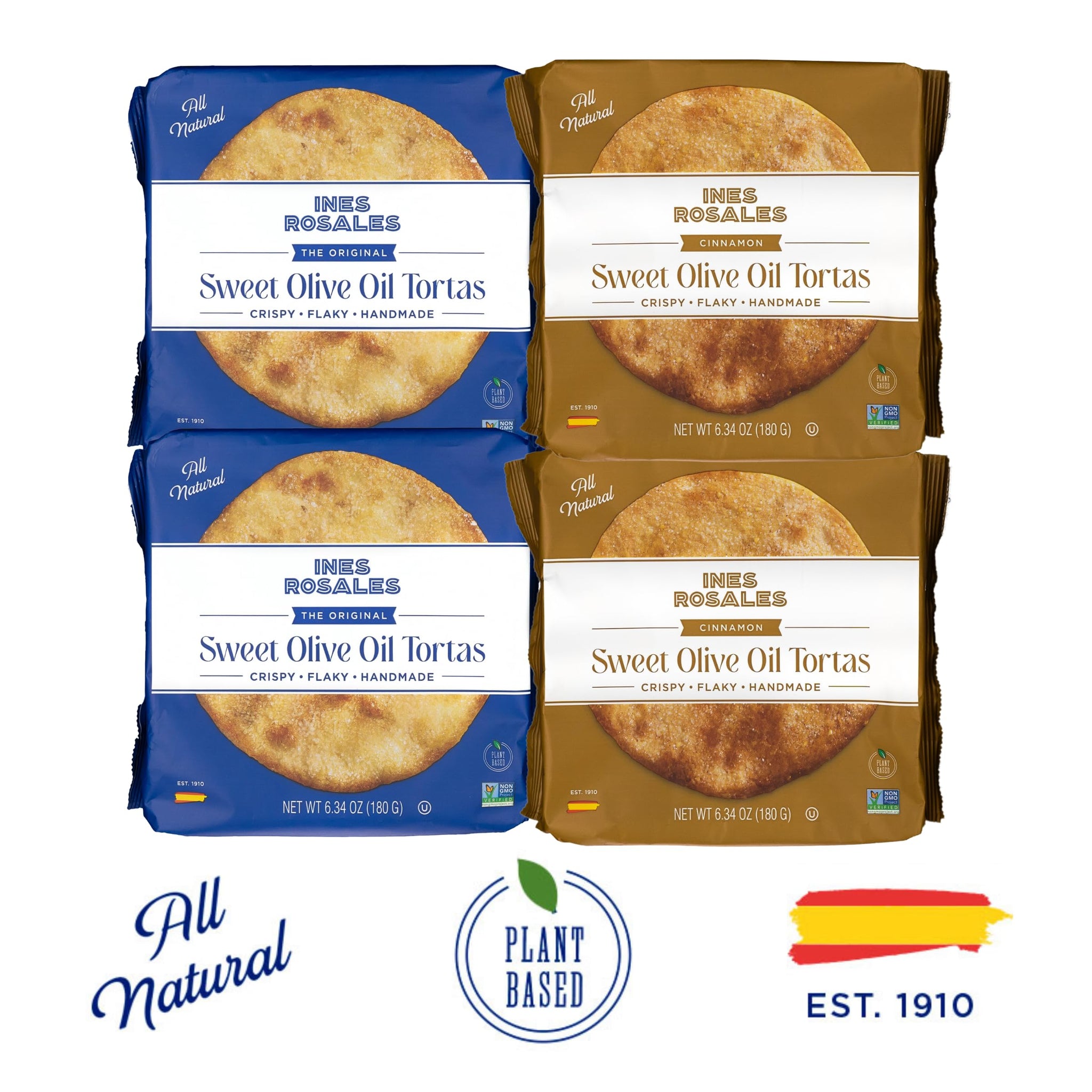 Ines Rosales Tortas Bundle - 2 Original + 2 Cinnamon - Handcrafted Spanish Olive Oil Tortas, Traditional Sweet and Spiced Delights