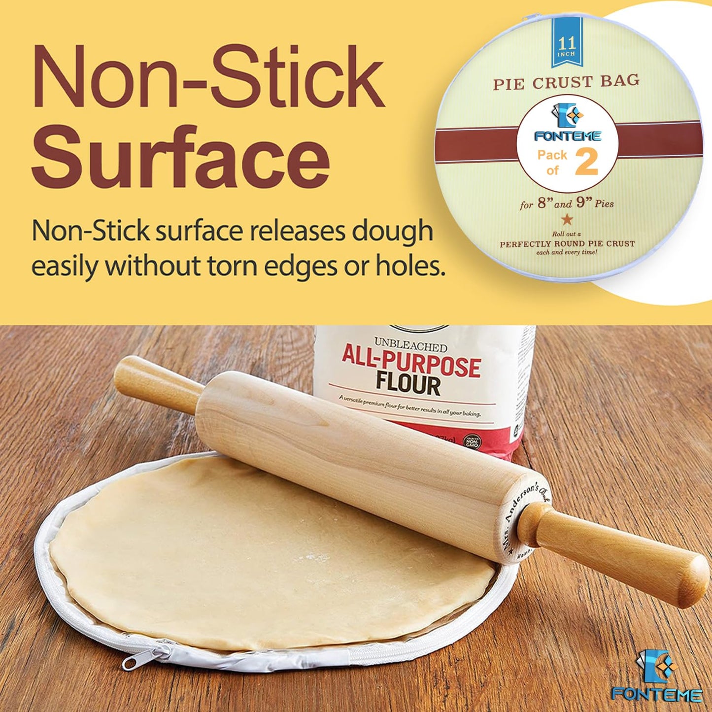 Fonteme Plastic Pie Crust Dough Rolling Bag - Set of 2 (11") | Non-Stick Mess Free Pie Crust Dough Shaper, Cookie, Pastry, Pizza, and Pasta Doug