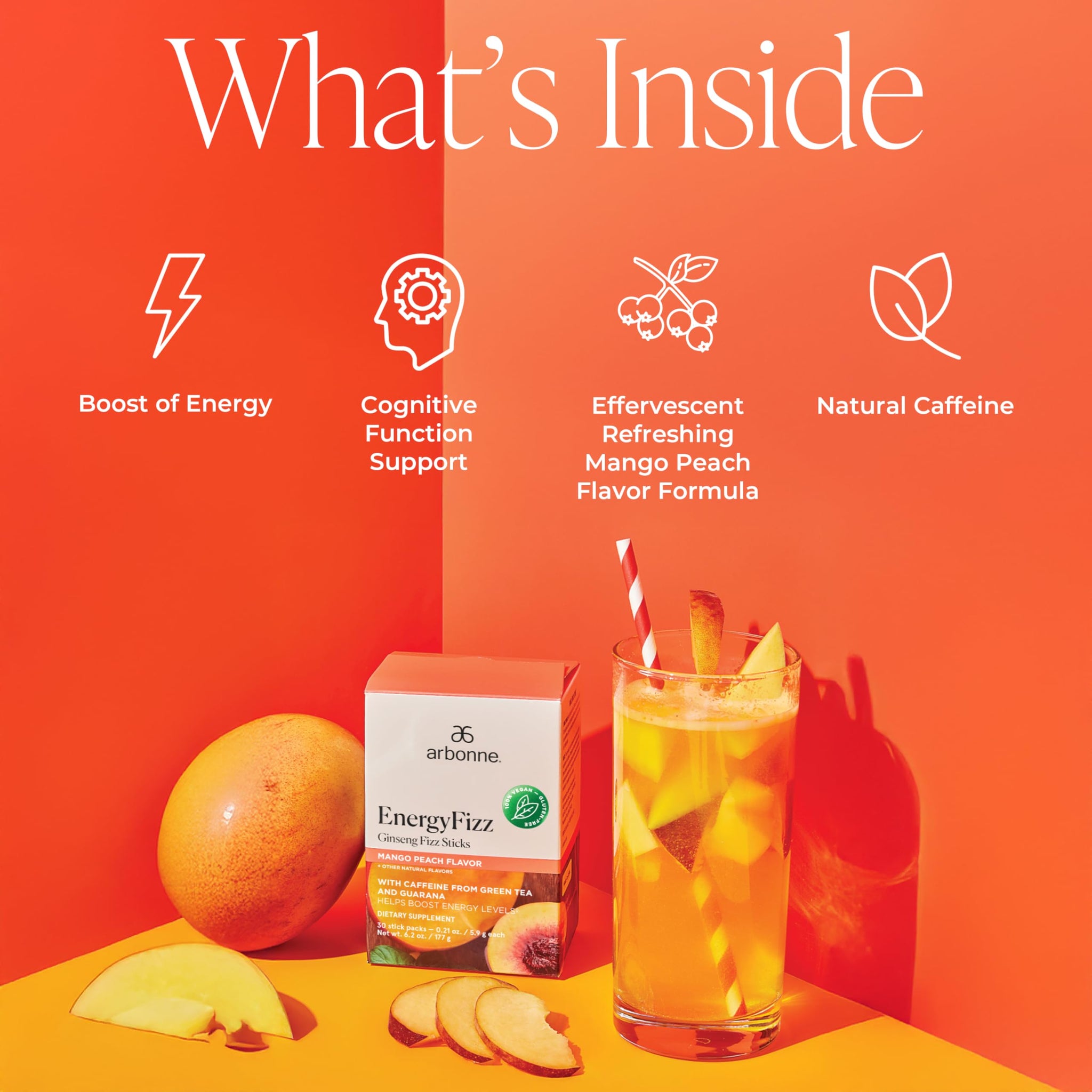 Arbonne Ginseng Energy Supplements - Peach Mango Flavor Fizz Sticks, Energy Boost with Caffeine Powder from Guarana and Green Tea, Delicious