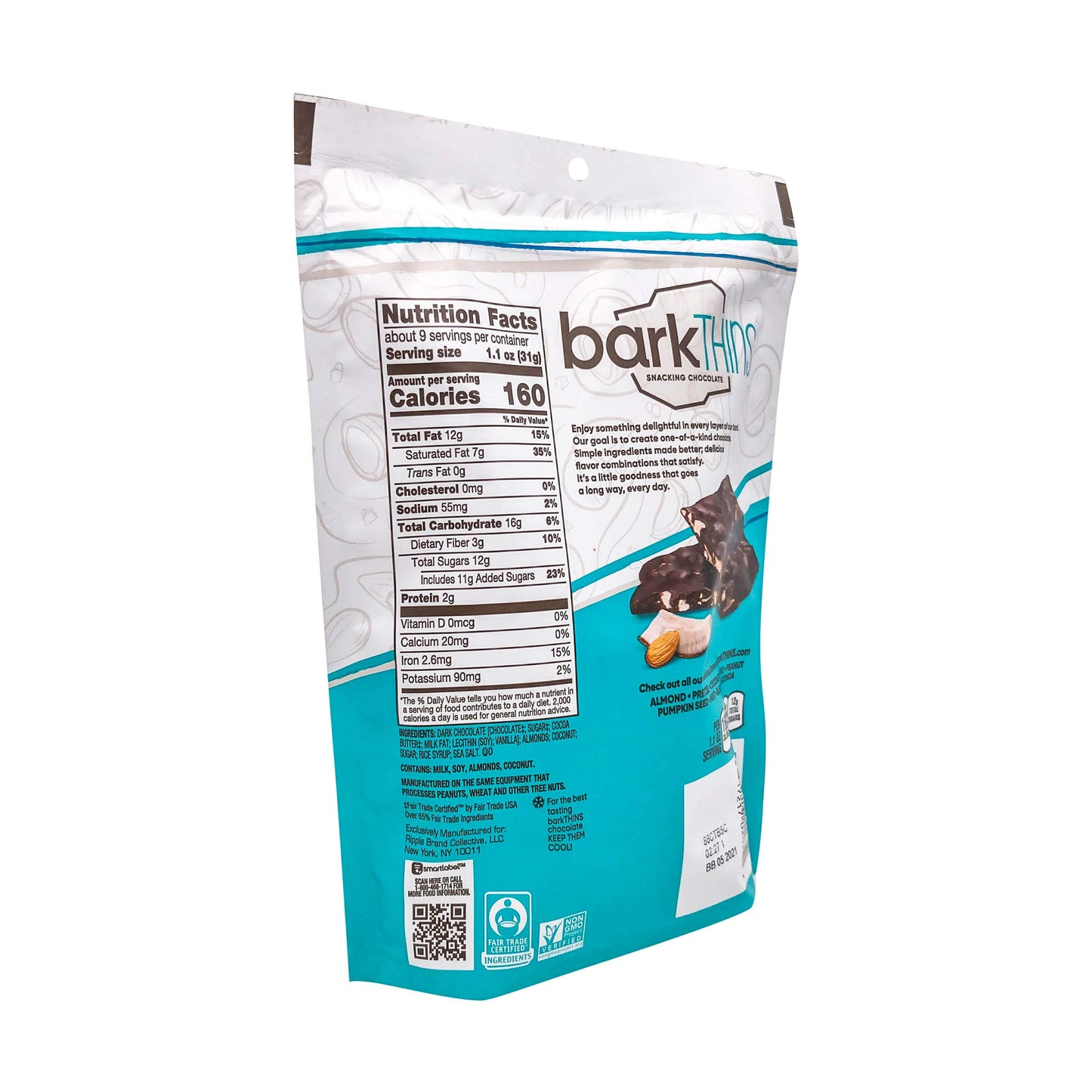 barkTHINS Dark Chocolate Coconut and Almond Snacking Chocolate, Holiday, 10 oz Family Size Bag