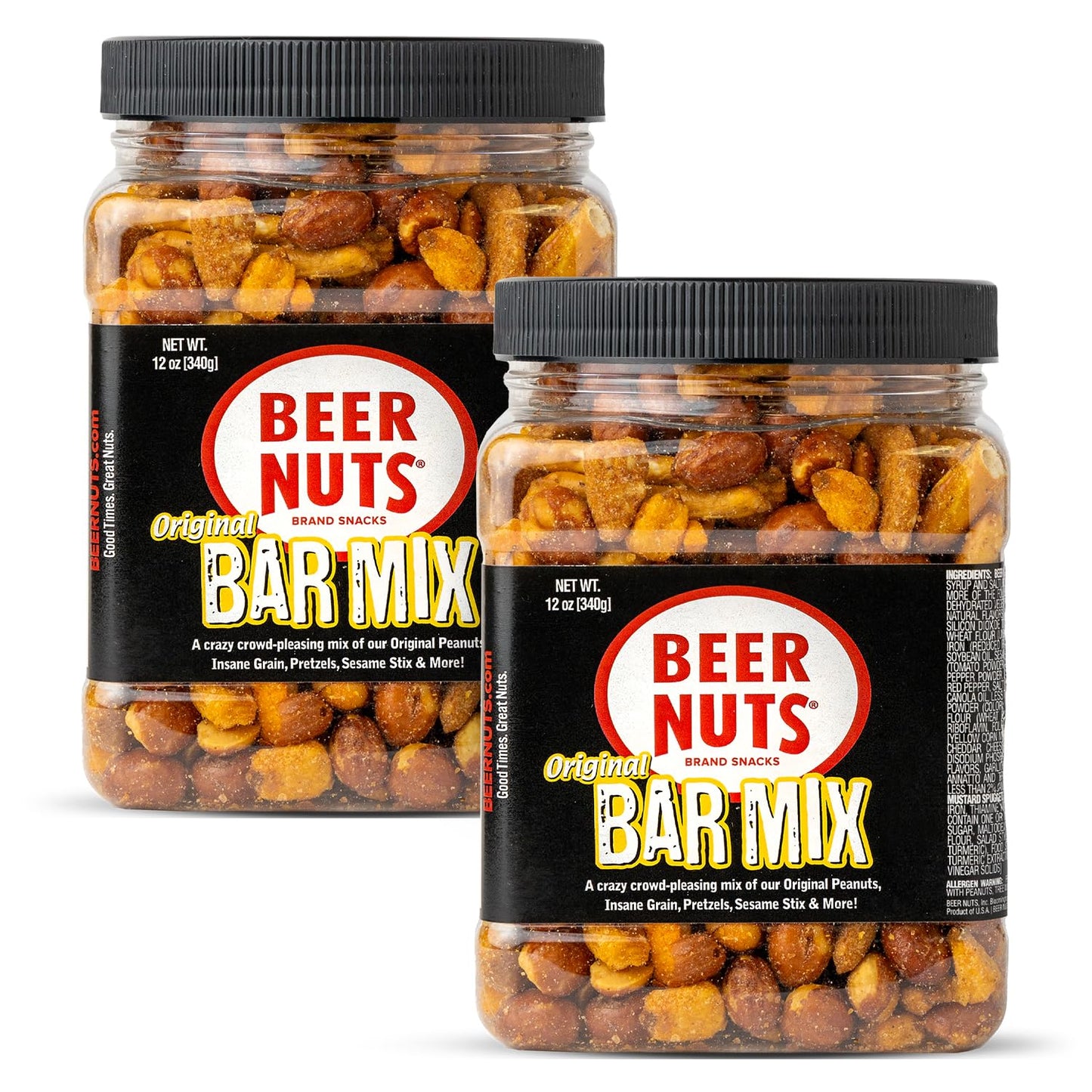 BEER NUTS Original Bar Mix - Pretzels, Cheese Stix, Sesame Stix, Insane Grain - 12oz Resealable Jar (Pack of 2)