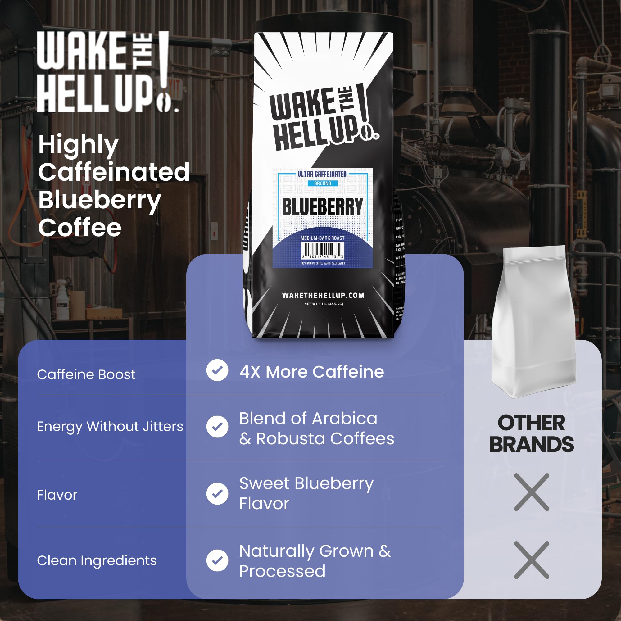 Wake The Hell Up! 1lb Ultra-Caffeinated Blueberry Ground Coffee, Low Acid, Medium-Dark Roast