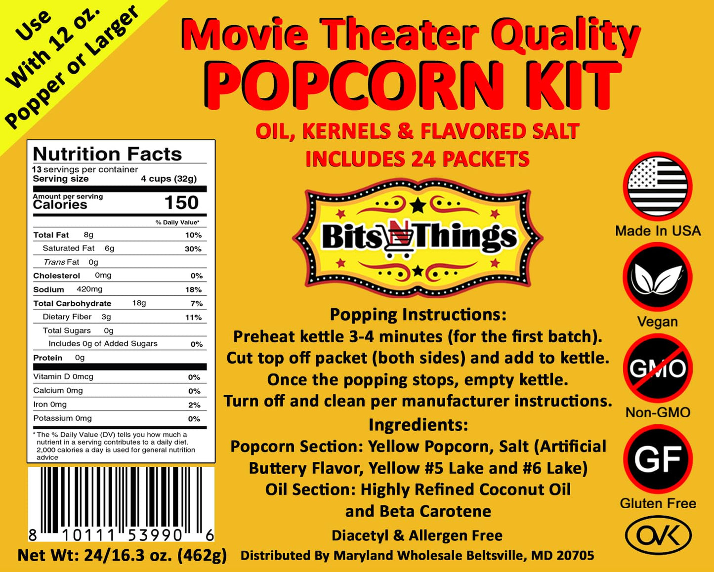 Home Theater All in One Popcorn Kit For 12 oz. Popper | Portion Packets with Kernels, Oil and Flavored Salt | By Bits N Things | Pack of 24
