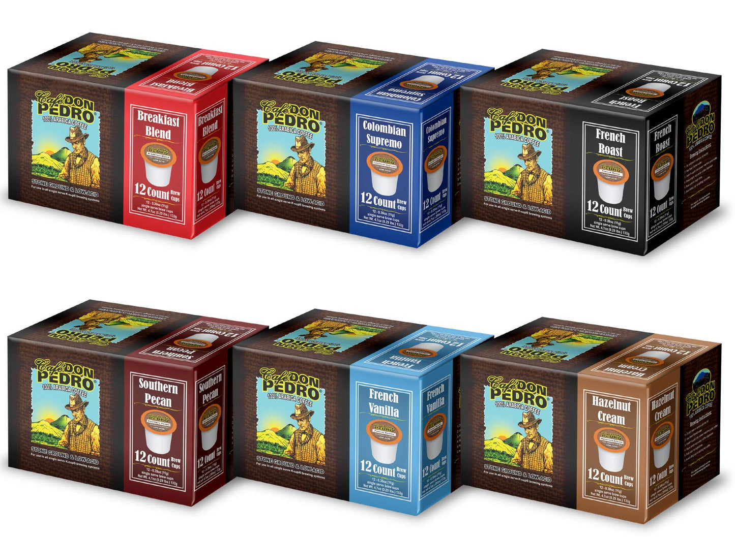 Cafe Don Pedro Variety Pack Arabica Low Acid Coffee Pods - Compatible with Keurig K-cup Coffee Maker, 6 different flavors, 100% Arabica, Battles