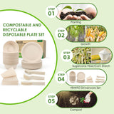 FEHHTO Disposable Paper Plates Set 300PCS Compostable Sugarcane Plates, Bowls, Heavy-duty Utensil, Biodegradable Napkins, Eco-friendly Dinnerware Set