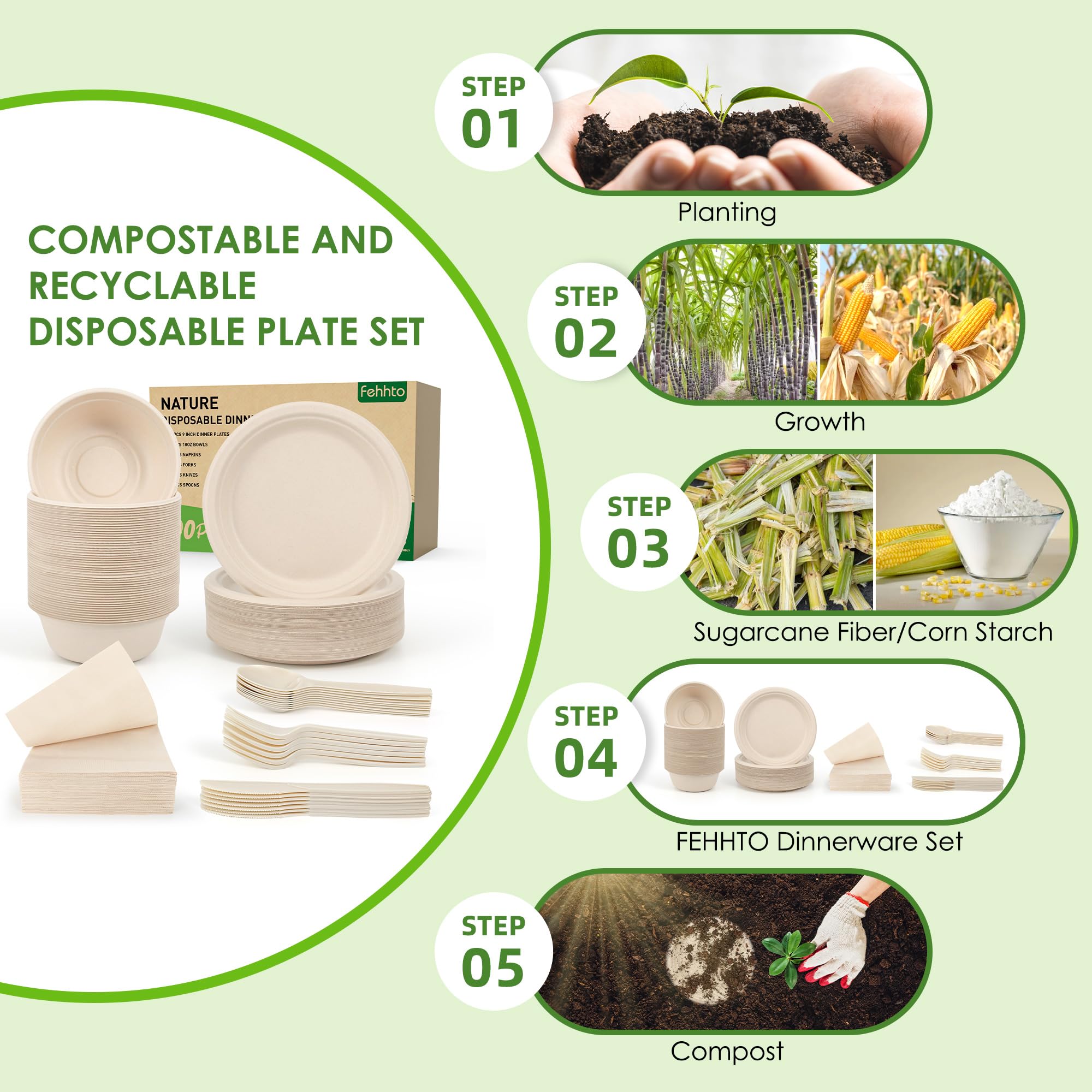 FEHHTO Disposable Paper Plates Set 300PCS Compostable Sugarcane Plates, Bowls, Heavy-duty Utensil, Biodegradable Napkins, Eco-friendly Dinnerware Set