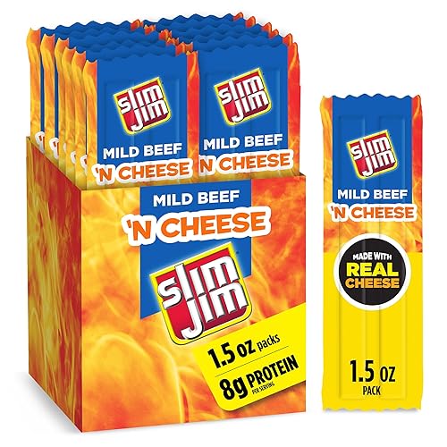 Slim Jim Beef 'N Cheese Smoked Meat Sticks, Mild Flavor, 8g Protein Per Serving, 1.5 oz. (18 Count)
