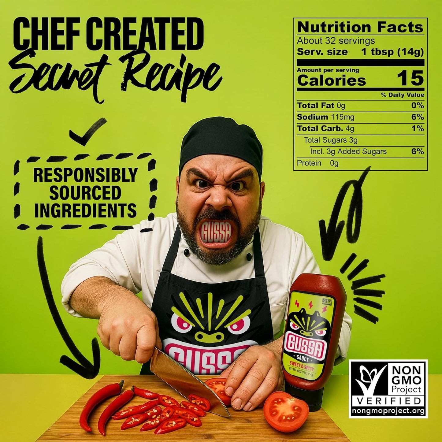 GUSSA Sauce 16 oz - Sriracha Style Sweet & Spicy Sauce - Perfect for Burgers, Wraps, Chicken Wings, Tacos, Salads, Noodles & More. Vegan, Non-GMO, No