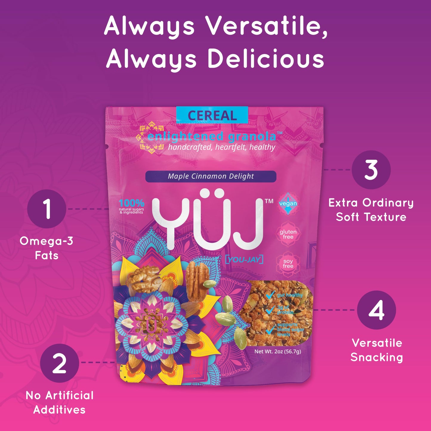 YÜJ Organic Vegan Granola | Original Recipe Snack Packs (2oz) | Pack of 6